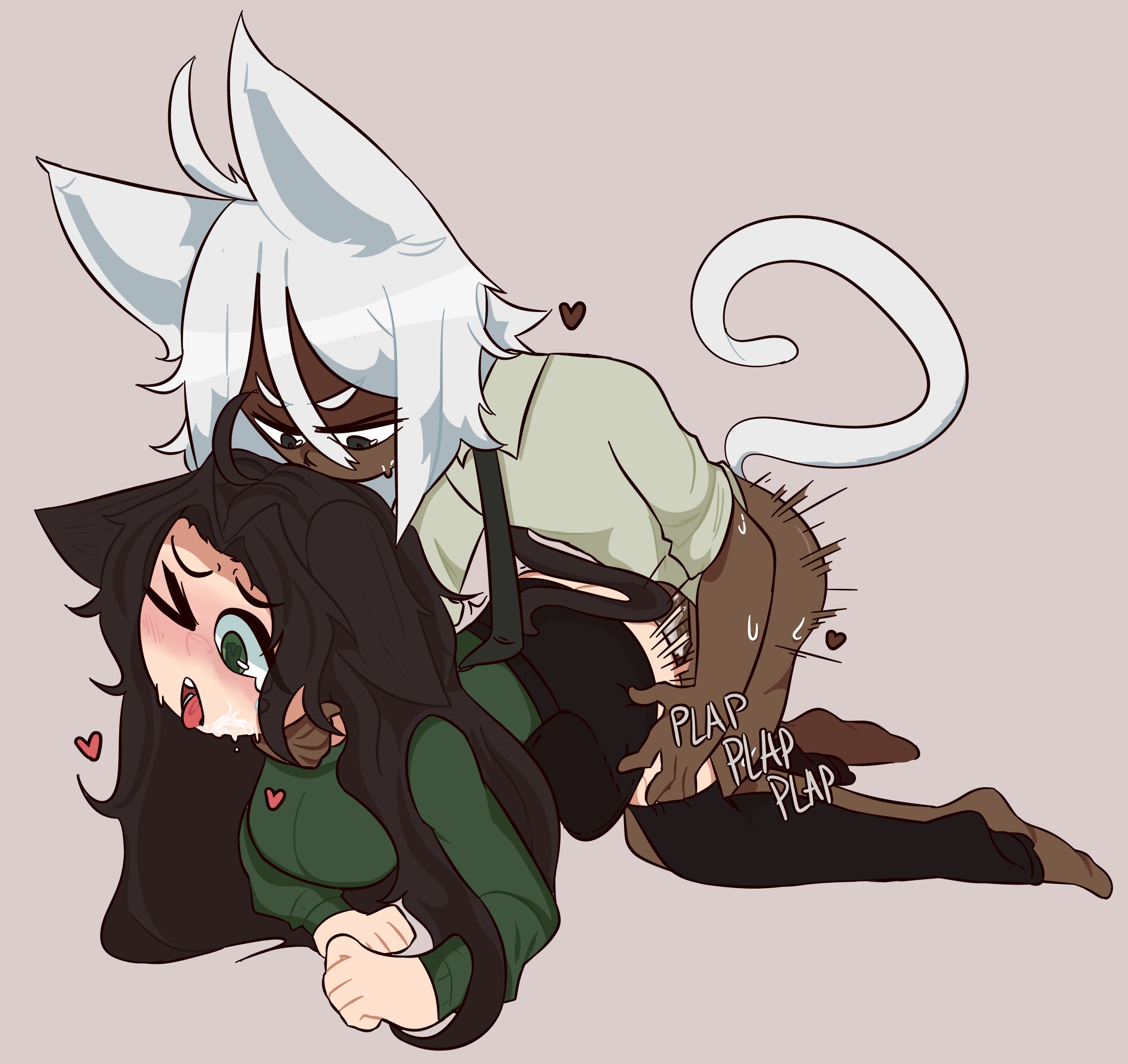1boy, 1girls, blush, cat ears, cat tail, clothed female clothed male, clothed sex, coello, cum, cum in mouth, cum in pussy, dark skin, dark-skinned male, doggy style, emmaboowho, female, female penetrated, green eyes, green shirt, hands on floor, hands on neck, hands on thighs, hearts, light skin, light-skinned female, long hair, long sleeves, male, male penetrating, male penetrating female, male/female, no pants, penetration, penis, penismaster48, pussy, roblox, roblox avatar, sex, simple background, skirt, socks, straight, sweat, text, tie, tongue, tongue out, white hair, white tail