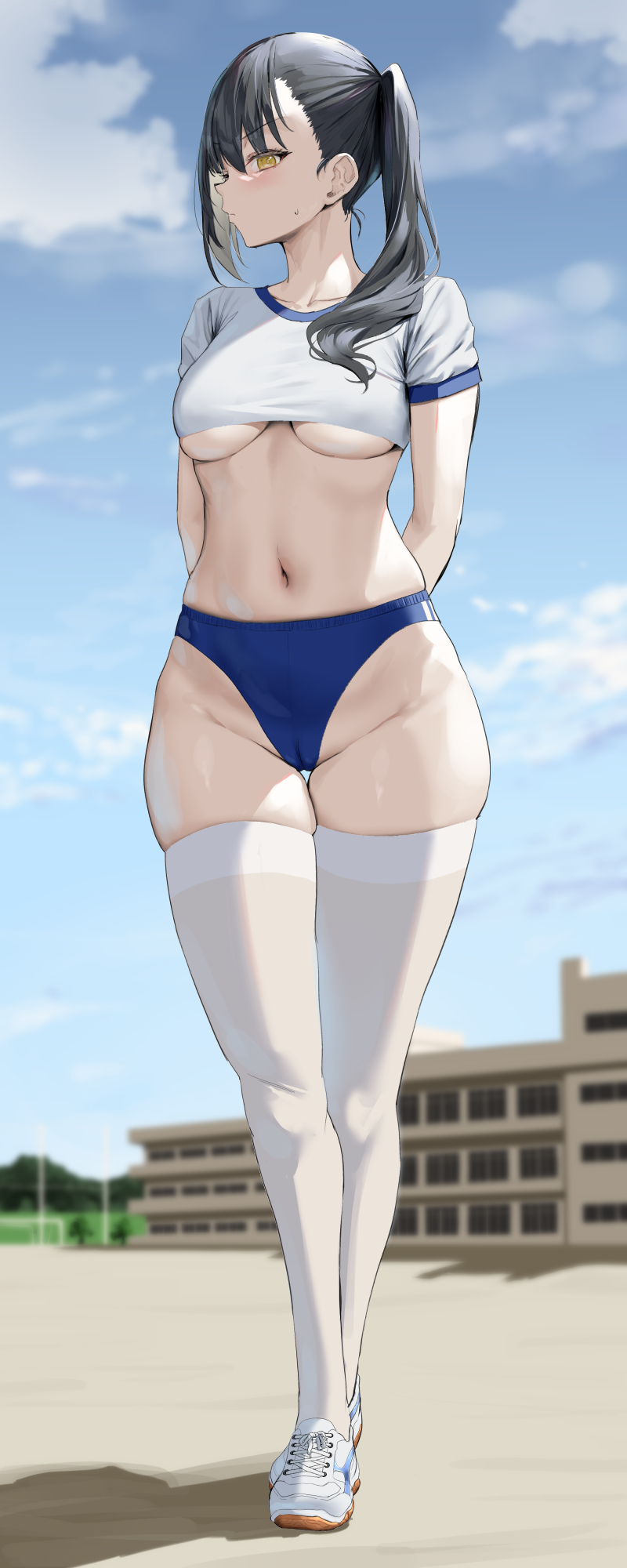 1girls, 2022, black hair, bloomers, blush, breasts, buruma, cameltoe, crop top, embarrassed, female, female only, gym uniform, hips, light skin, light-skinned female, long hair, looking at viewer, medium breasts, oekakizuki, original, original character, outdoors, pussy, schoolgirl, skindentation, slim waist, sportswear, thick thighs, thigh gap, thighhighs, thighs, underboob, yellow eyes