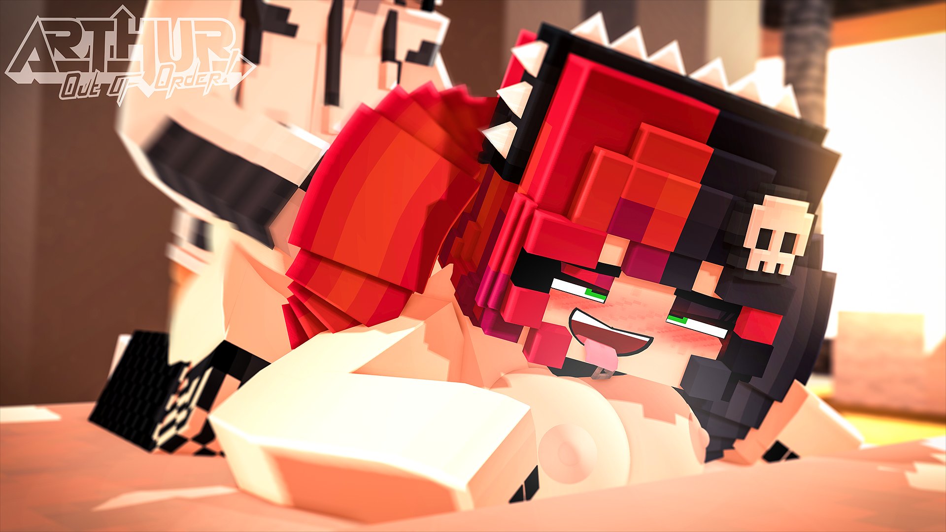 1boy, 1girls, 3d, all fours, arthur32, big breasts, bottomless, breasts, clothed male nude female, clothing, doggy style, ellie walls (odysseyellie), female, freckles, fucked silly, green eyes, hoodie, looking pleasured, male, mex arthur (arthur32), mine-imator, minecraft, nipples, nude, nude female, sex, sex from behind, skull hair ornament, spiked hairband, straight, tagme, tongue, tongue out, twintails, two-tone hair