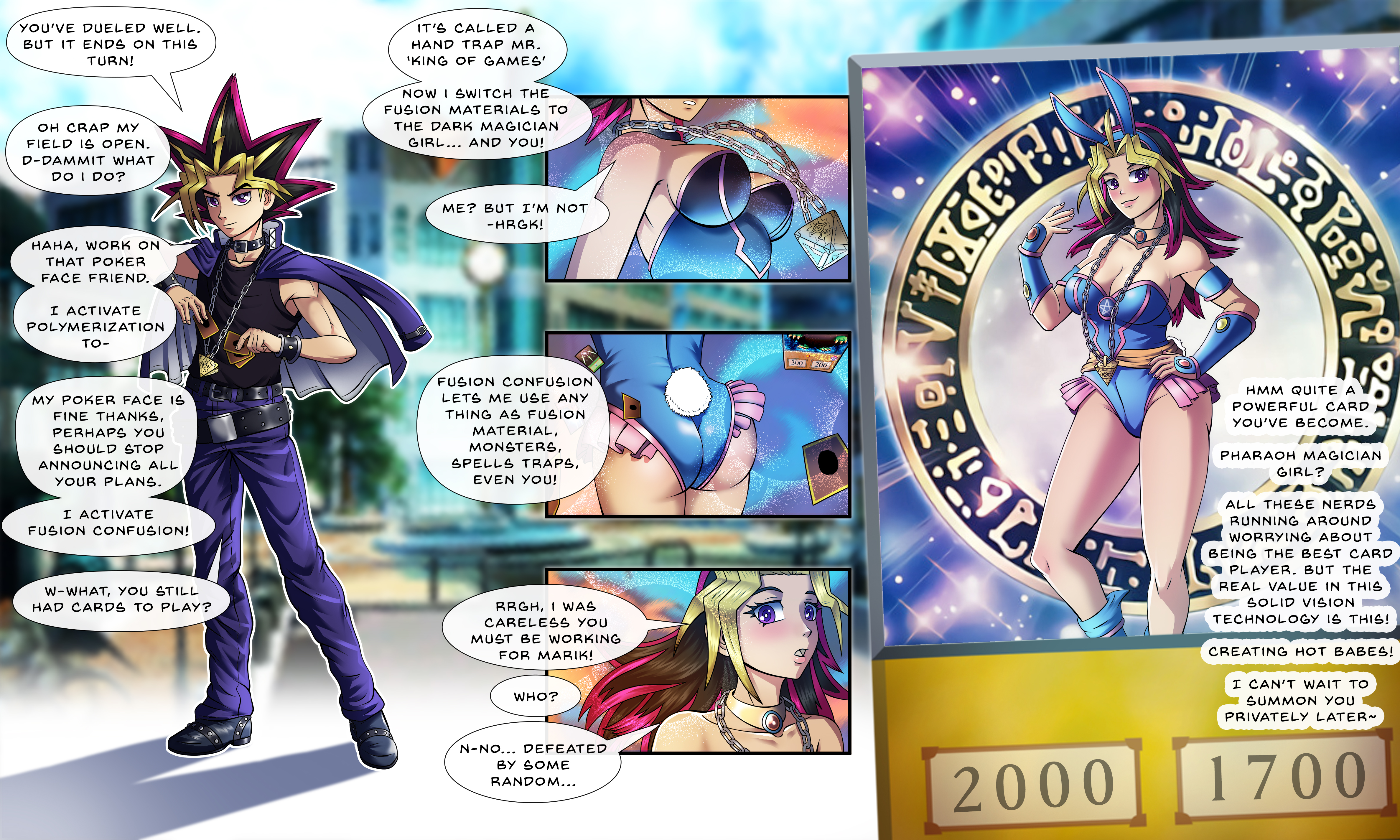 breast expansion, breast growth, breast growth (enlargement), breasts, bunny ears, bunny girl, bunnysuit, cleavage, english text, female, female focus, gender transformation, genderswap, genderswap (mtf), large breasts, mind control, mtf transformation, navel, rule 63, speech bubble, text, the63rdrule, thick thighs, tight clothing, transformation, wide hips, yu-gi-oh!, yugi muto