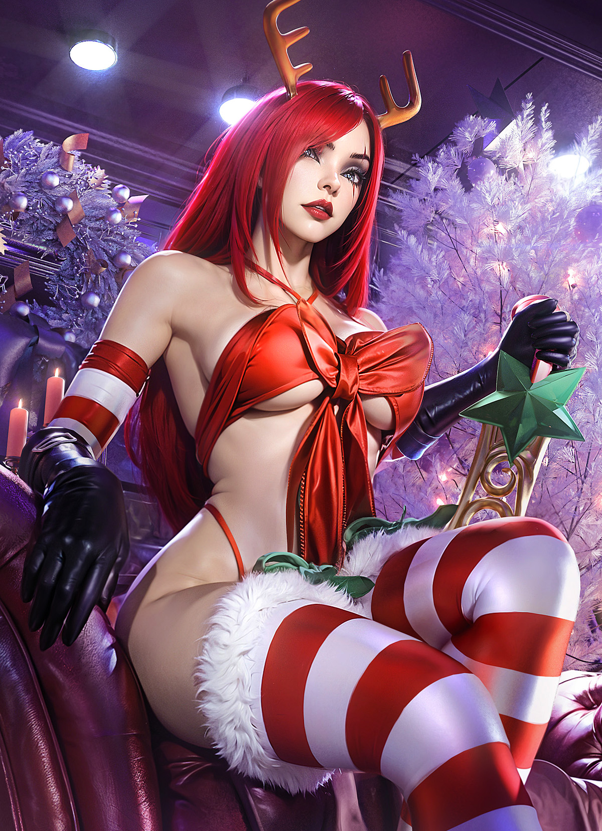 1girls, 3d, bikini, breasts, christmas, clothed, clothing, criss-cross halter, deer ears, detached sleeves, elbow gloves, eye scar, eyebrows, eyelashes, female, female focus, female only, green eyes, headwear, holding weapon, indoors, katarina du couteau, large breasts, league of legends, lipstick, long hair, looking at viewer, low-angle view, makeup, navel, pinup, red bikini, red hair, red lipstick, sevenbees, slay belle katarina, snowdown series, stockings, striped clothing, striped legwear, thighhighs, xmas