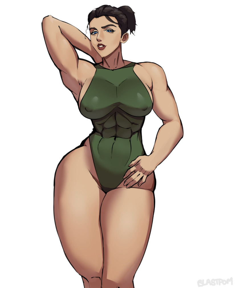 1girls, abs, abs visible through clothing, big breasts, blastpom, blue eyes, breasts, doom, doom (series), doom the dark ages, doom: the dark ages, female, female only, looking at viewer, muscular, muscular female, ponytail, solo, swimsuit, thick thighs, thira (doom)
