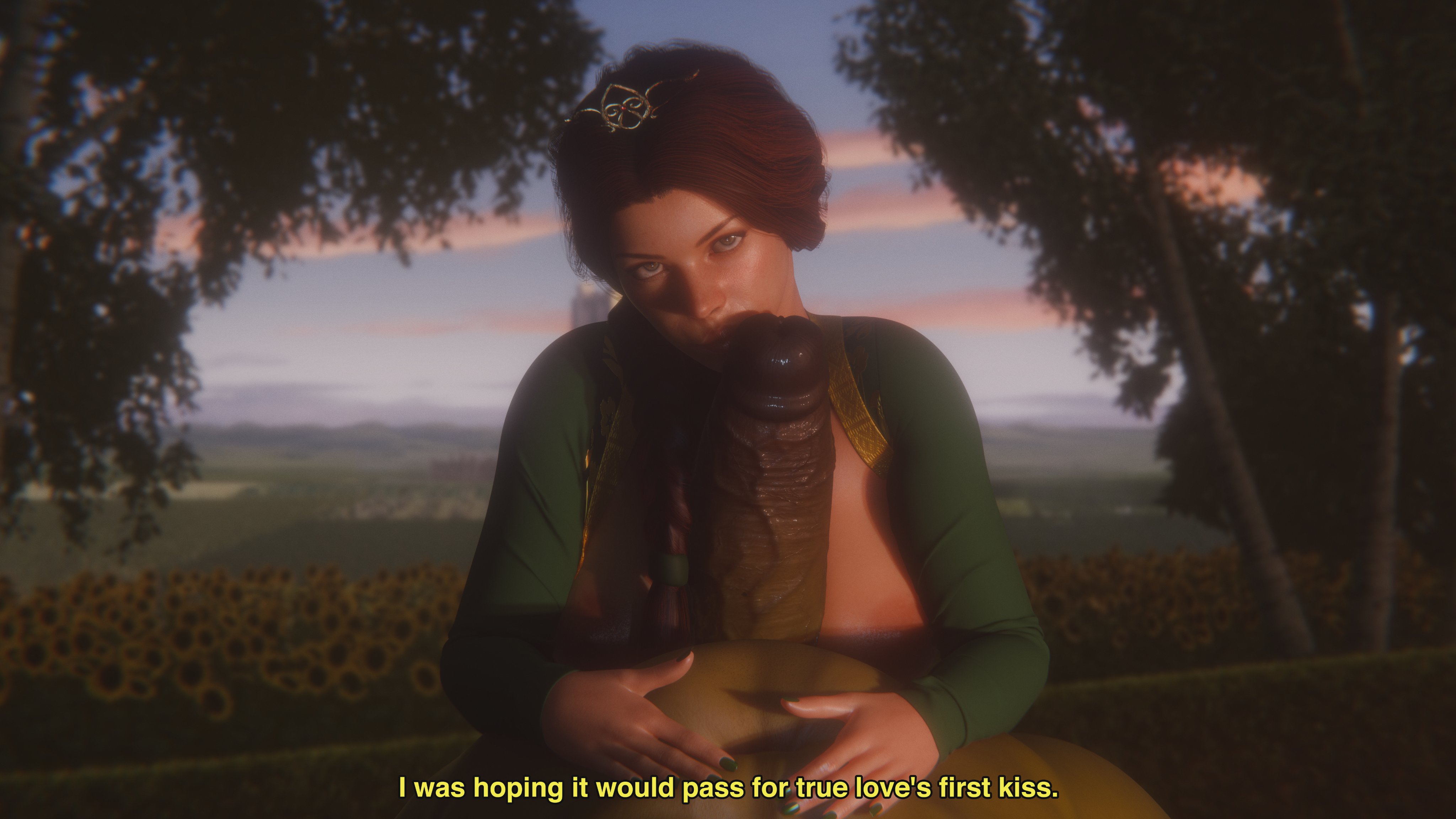 3d, big breasts, big penis, breasts, brown hair, exposed breasts, female, green dress, human fiona, imminent oral, light skin, light-skinned female, male, outside, partial male, penis, ponytail, pov, princess fiona, princess fiona (human), shrek, shrek (film), shrek (series), text, valenok