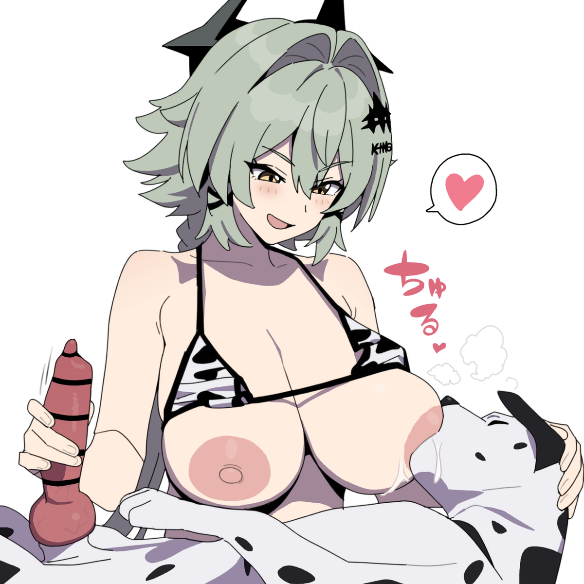 1girls, animal penis, bestiality, blush, breast sucking, breasts, breasts out, caesar king, caesar king (zenless zone zero), canid, canine, canine genitalia, canine penis, censored, cow print, domestic dog, female, feral, functionally nude, functionally nude female, grey hair, handjob, heart, interspecies, knot, lactation, large breasts, lover animal, male, nursing handjob, penis, smiling, sucking, sucking nipples, yellow eyes, zenless zone zero, zoophilia