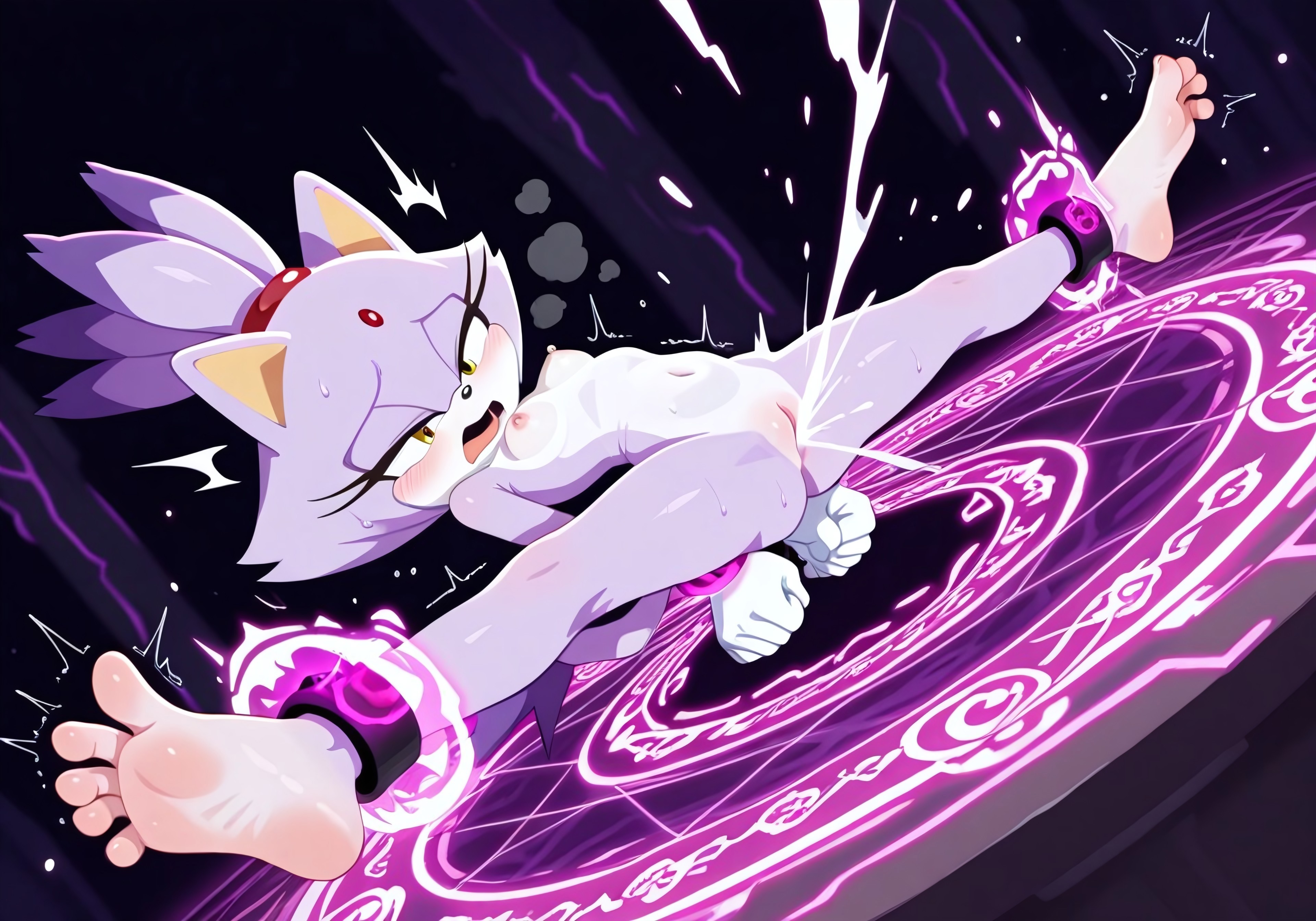 ai generated, blaze the cat, blush, bound, breasts, cum chugging, feet, female, forced orgasm, half-closed eyes, hands behind back, handsfree ejaculation, legs apart, looking at pussy, magic, magic bondage, magic circle, magical stimulation, moaning in pleasure, multiple orgasms, pussy, pussy ejaculation, small breasts, sonic (series), sonic the hedgehog (series), splits, toes spread