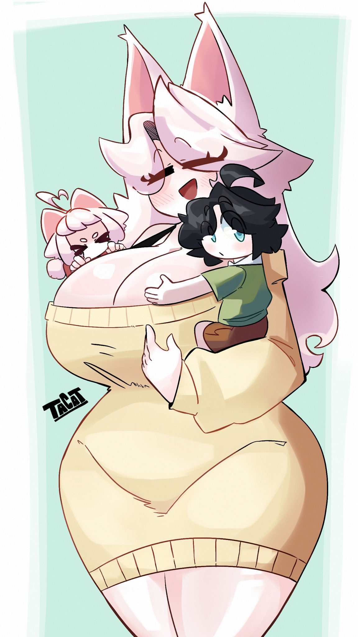 1girls, babysitter, big breasts, blush, blushing, breasts, cleavage, clothed, clothing, ear, female, hair, heart, milkshake (tacat), tacat, tagme, thick thighs, thighs, white fur, white hair, white skin, wholesome, wide hips, yellow clothing