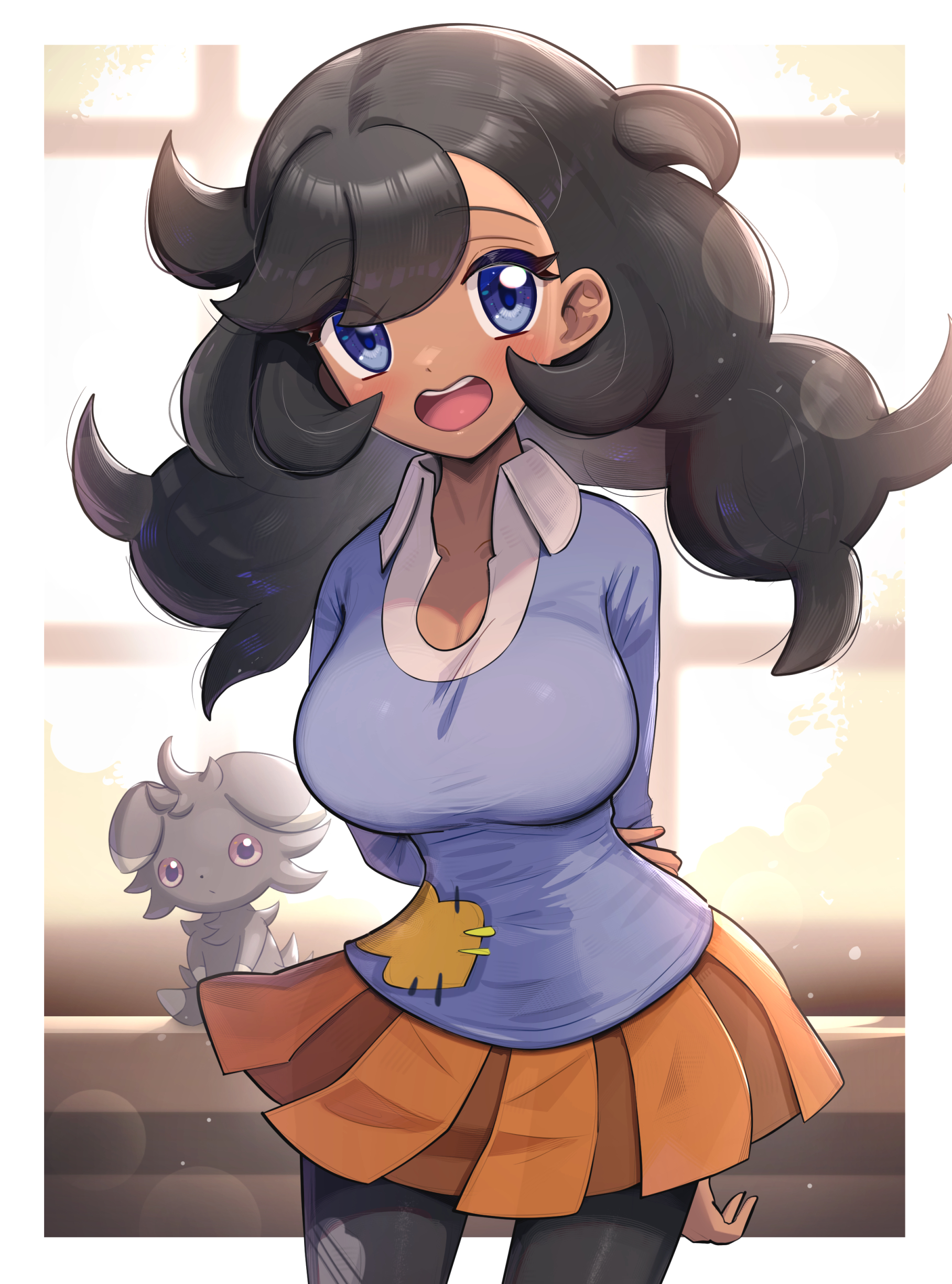 1girls, arms behind back, backlighting, bangs, black hair, blue eyes, breasts, busty, character name, cleavage, clothing, creatures (company), curly hair, dark skin, dark-skinned female, emma (pokemon xy), emma (pokemon), espurr, female, female focus, female only, fully clothed, game freak, gonzarez, gonzarez1938, happy female, large breasts, legwear, looking at viewer, matiere (pokemon xy), matiere (pokemon), nintendo, nyasper, open mouth, pleated skirt, pokemon, pokemon xy, skinny, skirt, smiling, sunlight, tagme