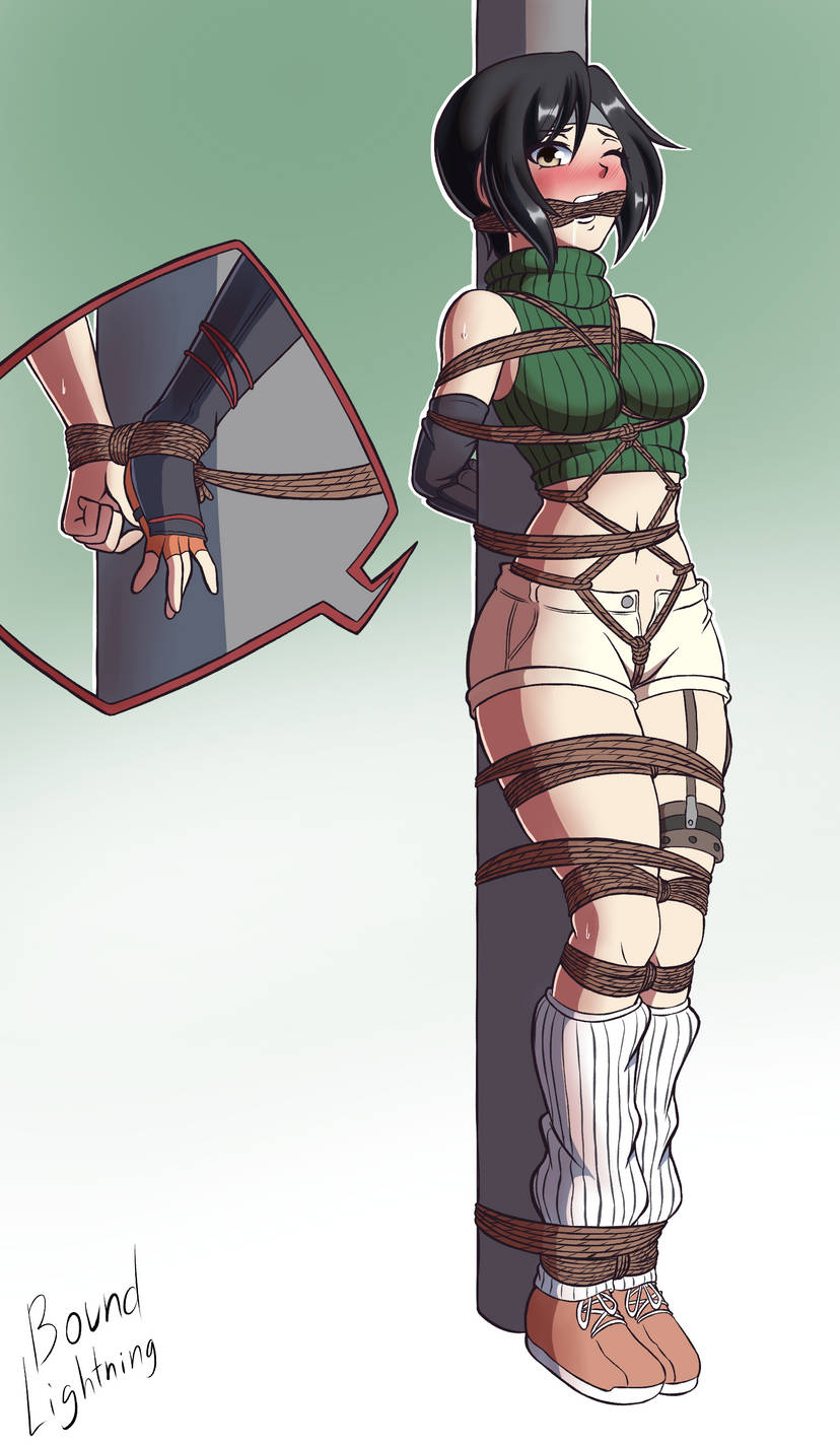 2d, 2d (artwork), asian, asian female, black hair, bondage, bound, boundlightning, female, female focus, female only, final fantasy, final fantasy vii, gagged, pole, pole tied, struggling, struggling to get out, tied to pole, tied up, yuffie kisaragi