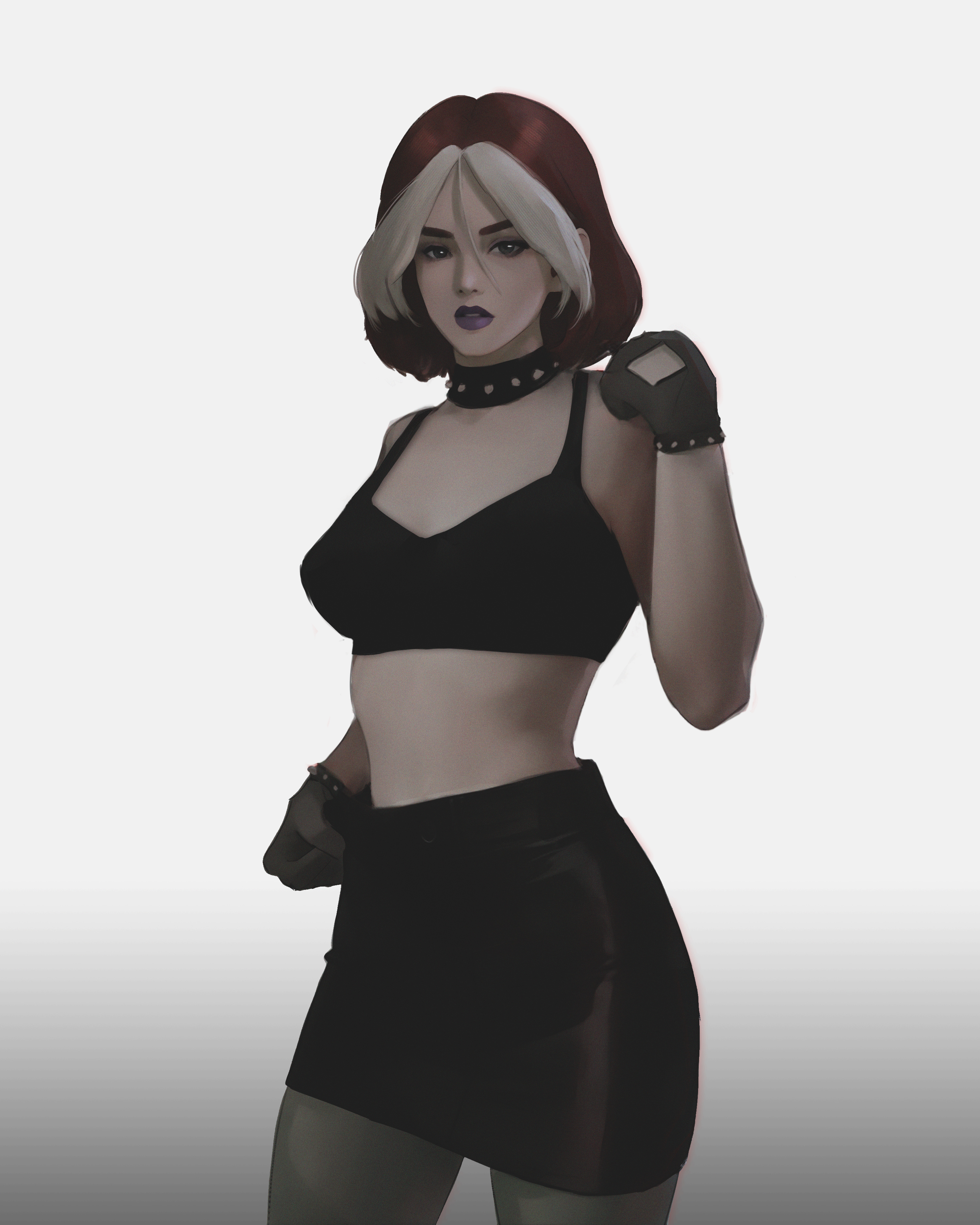 bra, curvy figure, dressed, emo, female, fully clothed, gloves, goth, goth girl, lipstick, marvel, marvel comics, meemo.psd, patreon, purple lipstick, rogue (evolution), rogue (x-men), undress character, undressing, white background, white hair, x-men, x-men evolution