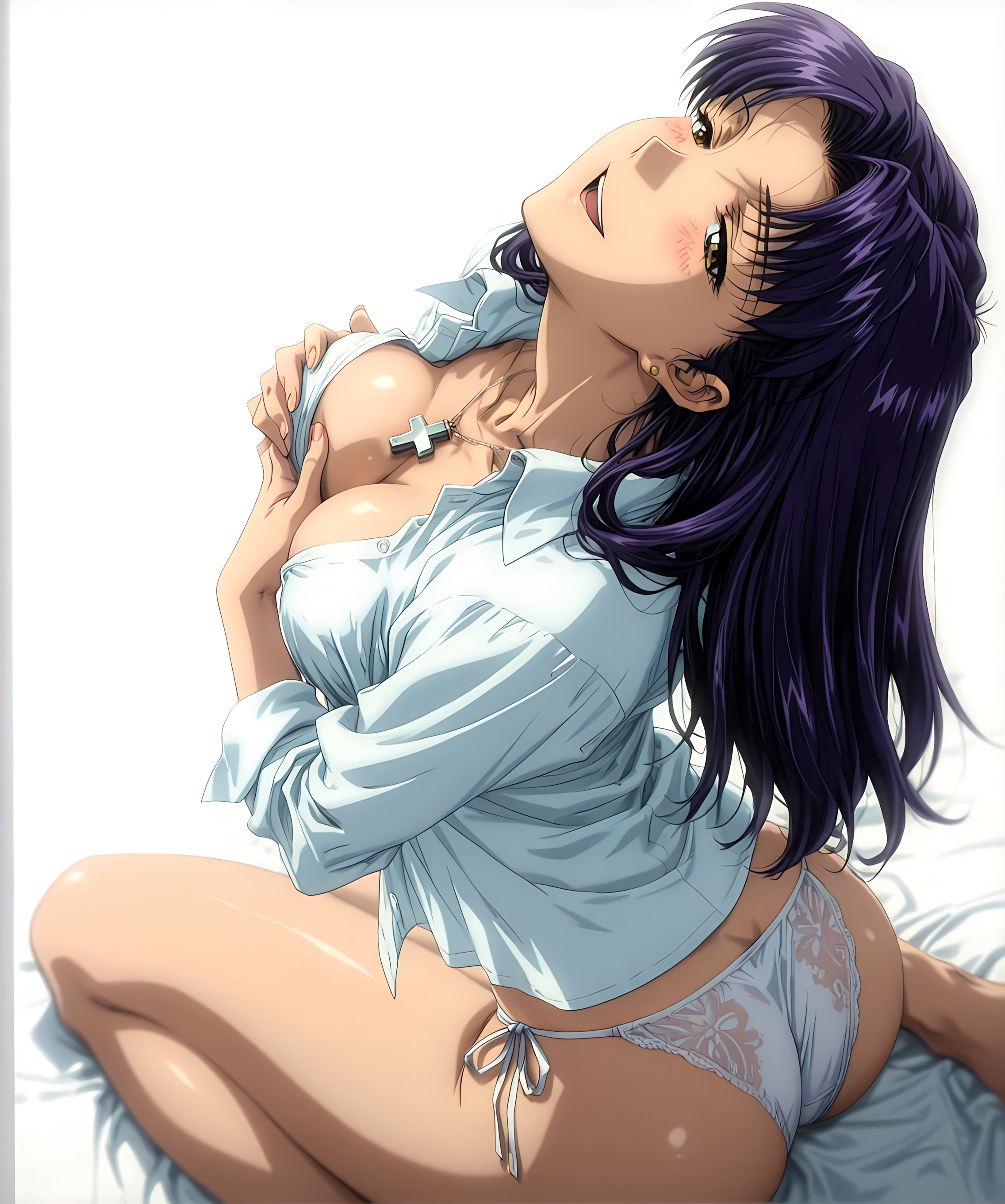 ai generated, ass, ass focus, bangs, bare shoulders, blush, breasts, busty, busty female, dress shirt, female, female only, long hair, looking at viewer, misato katsuragi, necklace, neon genesis evangelion, panties, parted bangs, pendant, purple hair, smile, solo