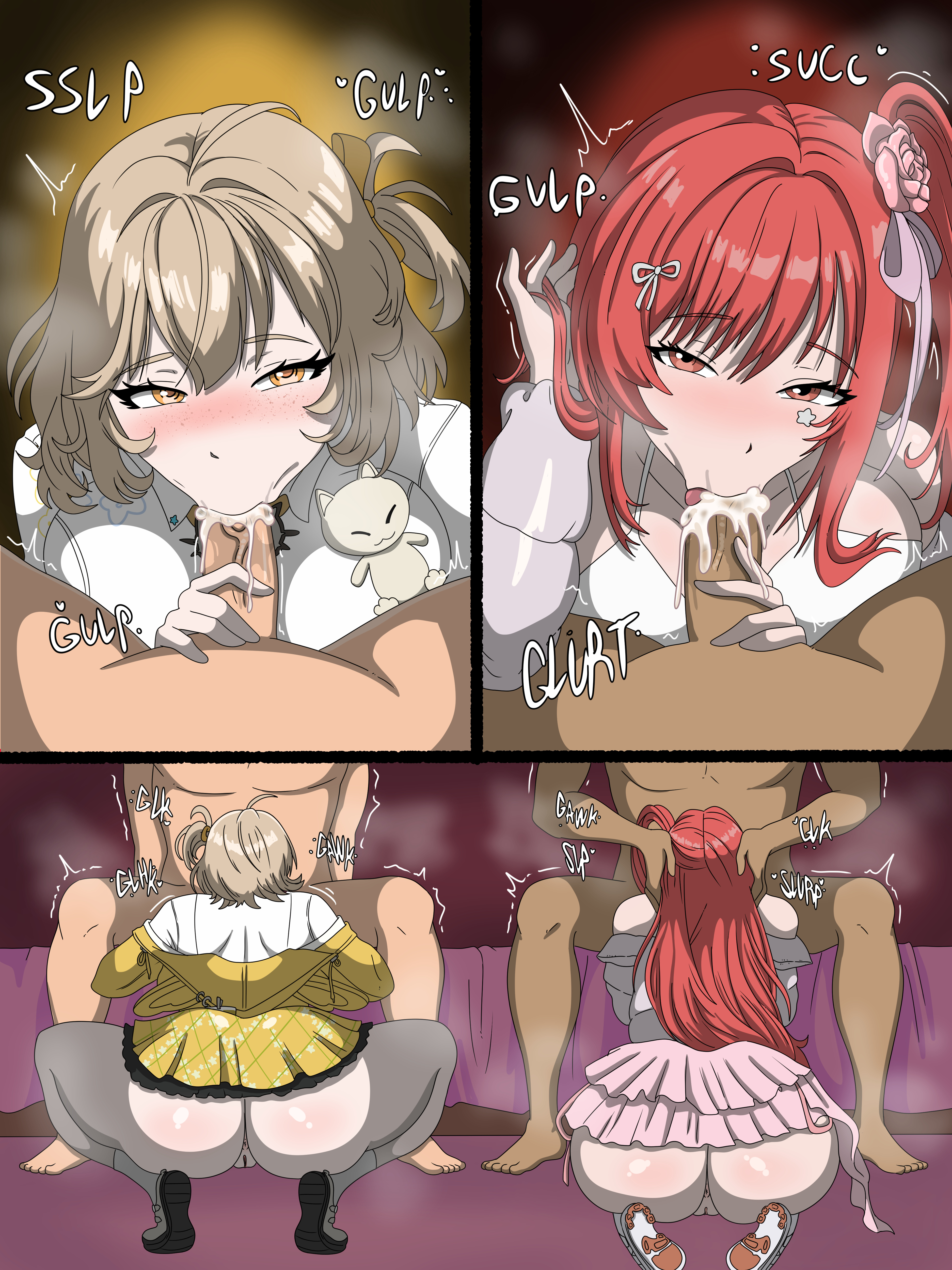 2boys, 2girls, alternate version available, anis (nikke), anis (star) (nikke), anis (star) (t.t.star) (nikke), anus, anus peek, big ass, big breasts, blonde hair, blowjob, blowjob face, blush, blushing, commission, commissioner upload, cum, cum gushing, cum in mouth, dark-skinned male, goddess of victory: nikke, hair behind ear, hair ornament, huge ass, large breasts, long hair, oral, orange eyes, partially clothed, plushie, pussy, rapi (nikke), rapi (red hood) (nikke), rapi (red hood) (shining light) (nikke), red hair, rose in hair, saliva, saliva on penis, saliva trail, short hair, short skirt, sound effects, squatting, tongue, tongue out blowjob, trembling, veiny penis, yellow eyes