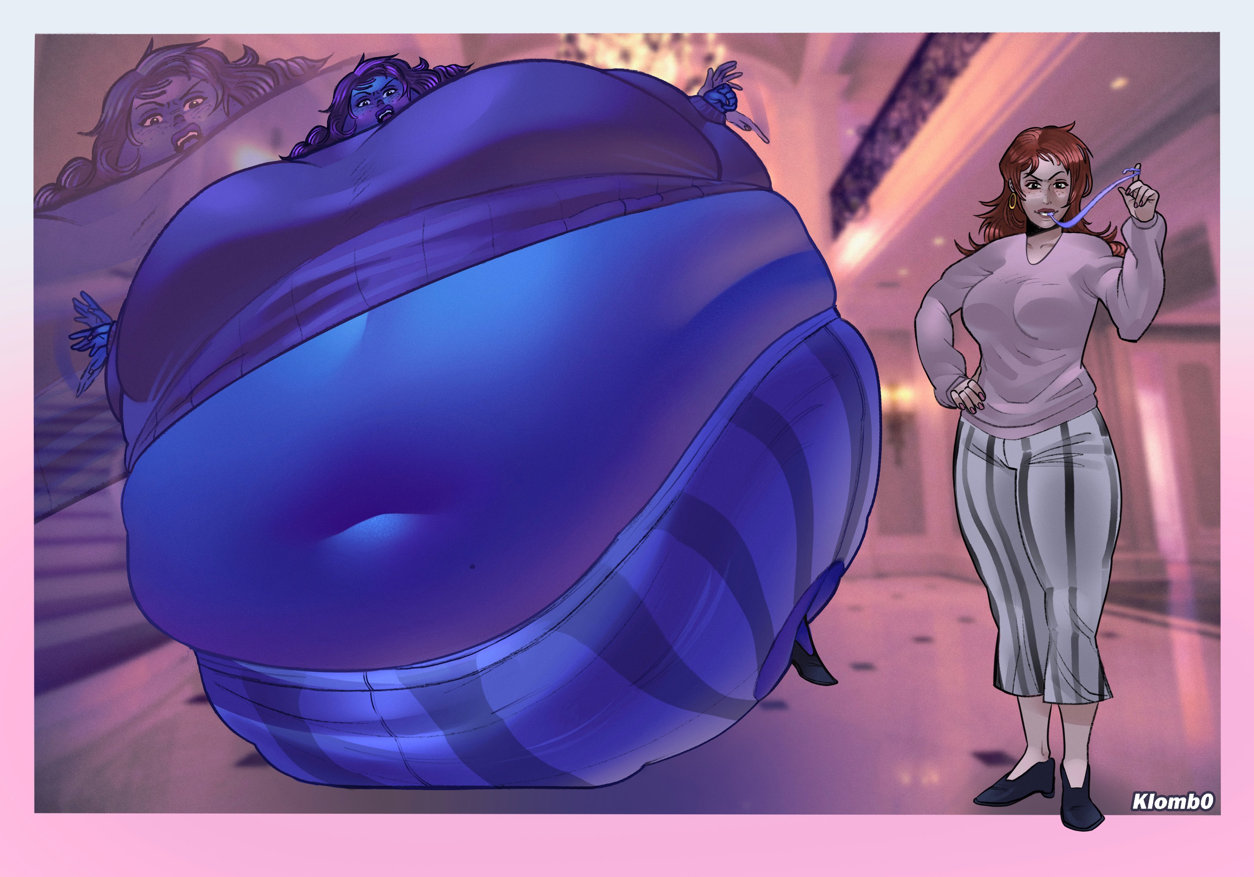 big belly, big breasts, blue skin, blueberry inflation, breasts, exposed midriff, female, huge belly, huge breasts, inflation, klomb0, milf, mother, spherical inflation, sunken limbs, wide hips