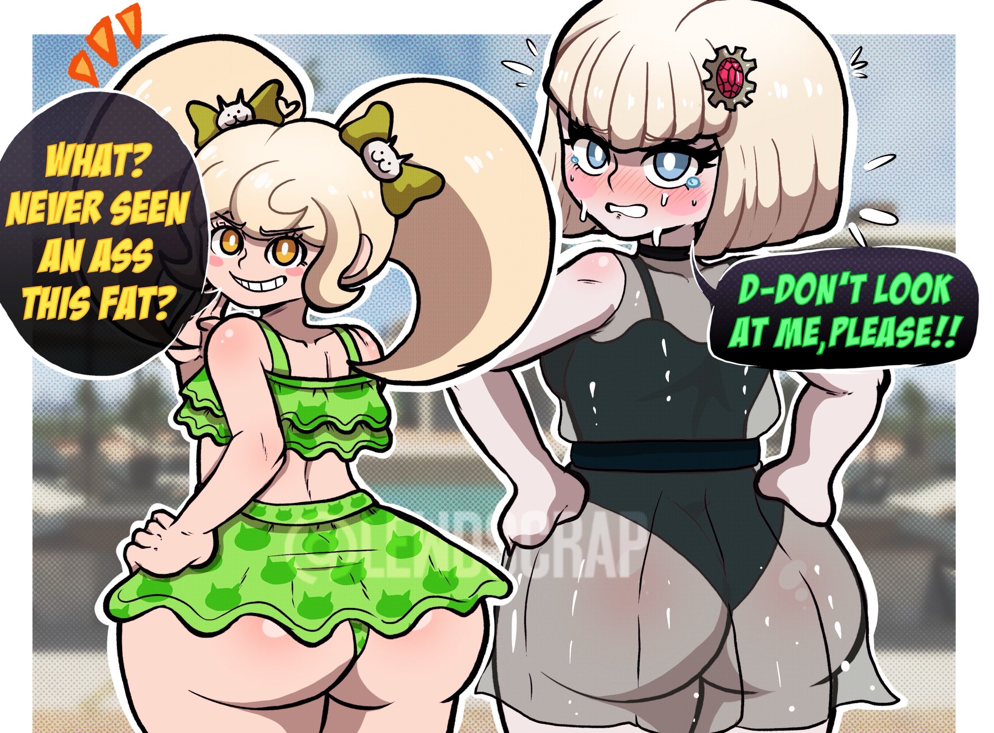 2girls, alternate version available, ass, breasts, crying, danganronpa, english text, female, female only, lewdscrap, oosuzuki kurara, oosuzuki kurara (unmasked), pool, poolside, saionji hiyoko, shortstack, speech bubble, spoilers, sweating, swimsuit, swimwear, tagme, text, the hundred line -last defense academy-