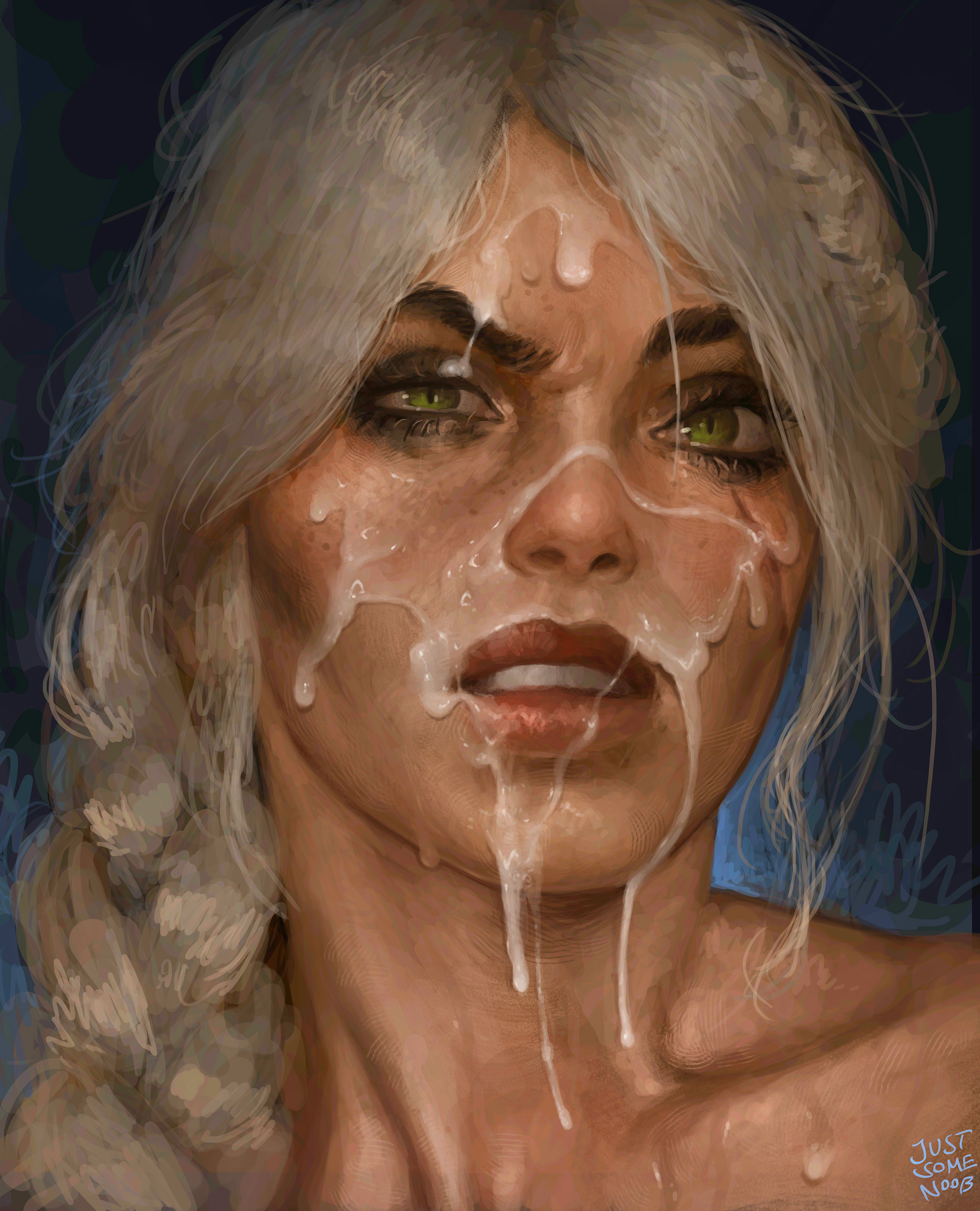2d, angry face, braid, cd projekt red, ciri, cum, cum on face, female, freckles, green eyes, justsomenoob, light skin, light-skinned female, looking at viewer, mascara, scar, solo, solo female, the witcher (series), the witcher 4, white hair