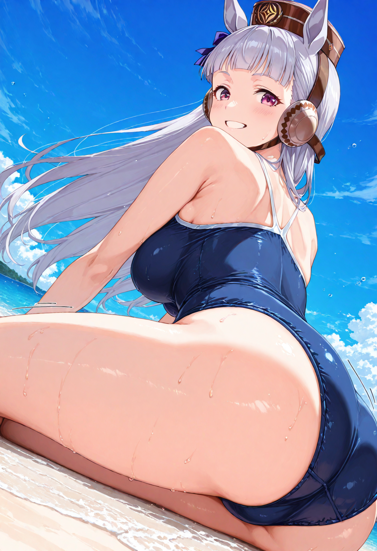 1girls, ai generated, animal ears, ass, booleanchop, close up, close-up, cute, ear muffs, female, gold ship (umamusume), horse girl, long hair, looking at viewer, looking back, petite, pink eyes, presenting ass, ribbon in hair, school swimsuit, silver hair, slim, small ass, teenager, umamusume, umamusume pretty derby