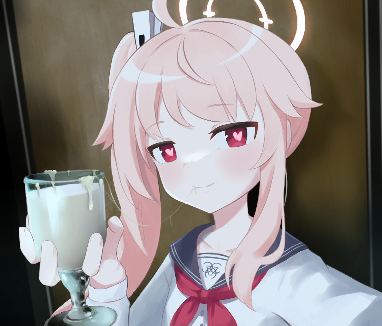 blue archive, cum, cum chalice, cum drinking, cum filled, cum in mouth, cum on face, female, glass cup, gokkun, halo, heart-shaped pupils, holding glass, jizz, looking at viewer, meme, natsu (blue archive), pink hair, solo female, trinity general school student, young, ziz (pandora707)