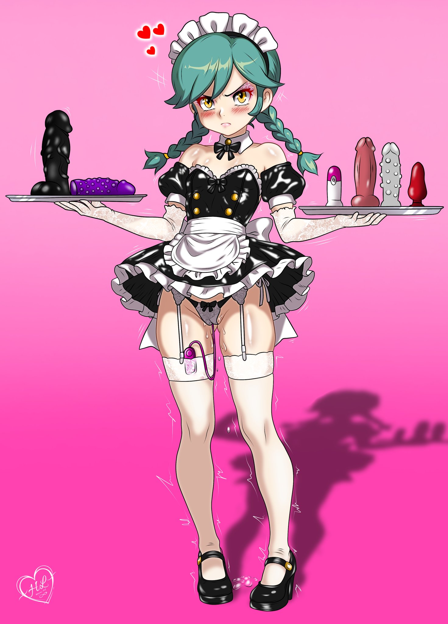 1girls, angry, annie (skullgirls), blush, braid, breasts, dildo, female, female only, flat chest, green hair, human, looking at viewer, maid, maid headdress, maid uniform, nomus hl, panties, pout, pussy, shaking, shiny clothes, shoes, skullgirls, small breasts, stockings, thighhighs, tray, uniform, vibrator, vibrator in pussy, vibrator in thighhighs, vibrator under clothes, vibrator under panties, video games