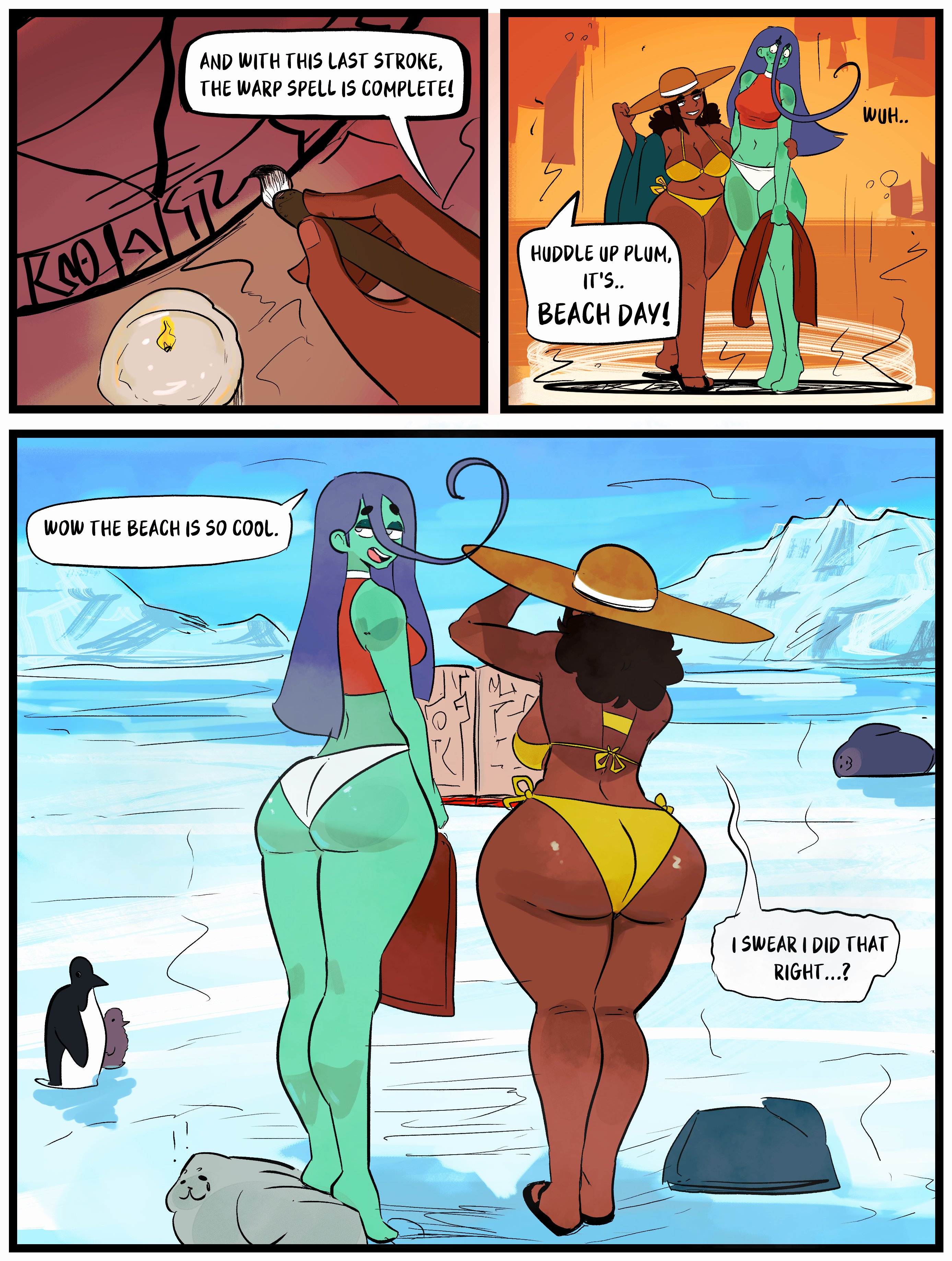 2girls, antarctica, ass, big ass, big breasts, bikini, breasts, bubble ass, bubble butt, dand u, dark skin, dark-skinned female, dialogue, fat ass, female, female only, green skin, height difference, huge ass, ice, large ass, long hair, mammal, mene (dand u), original, outdoors, penguin, seal, sunhat, swimsuit, text, thick ass, thick thighs, wide hips