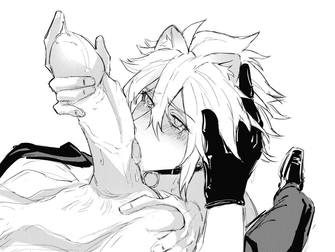 2boys, animal ears, big penis, blowjob, blush, cat ears, cloud strife, collar, fellatio, final fantasy, final fantasy vii, furuyashesha, gay, gay sex, gloves, grayscale, licking penis, looking at viewer, male, male/male, oral, penis, precum, precum drip, sephiroth, tagme, veiny penis, yaoi