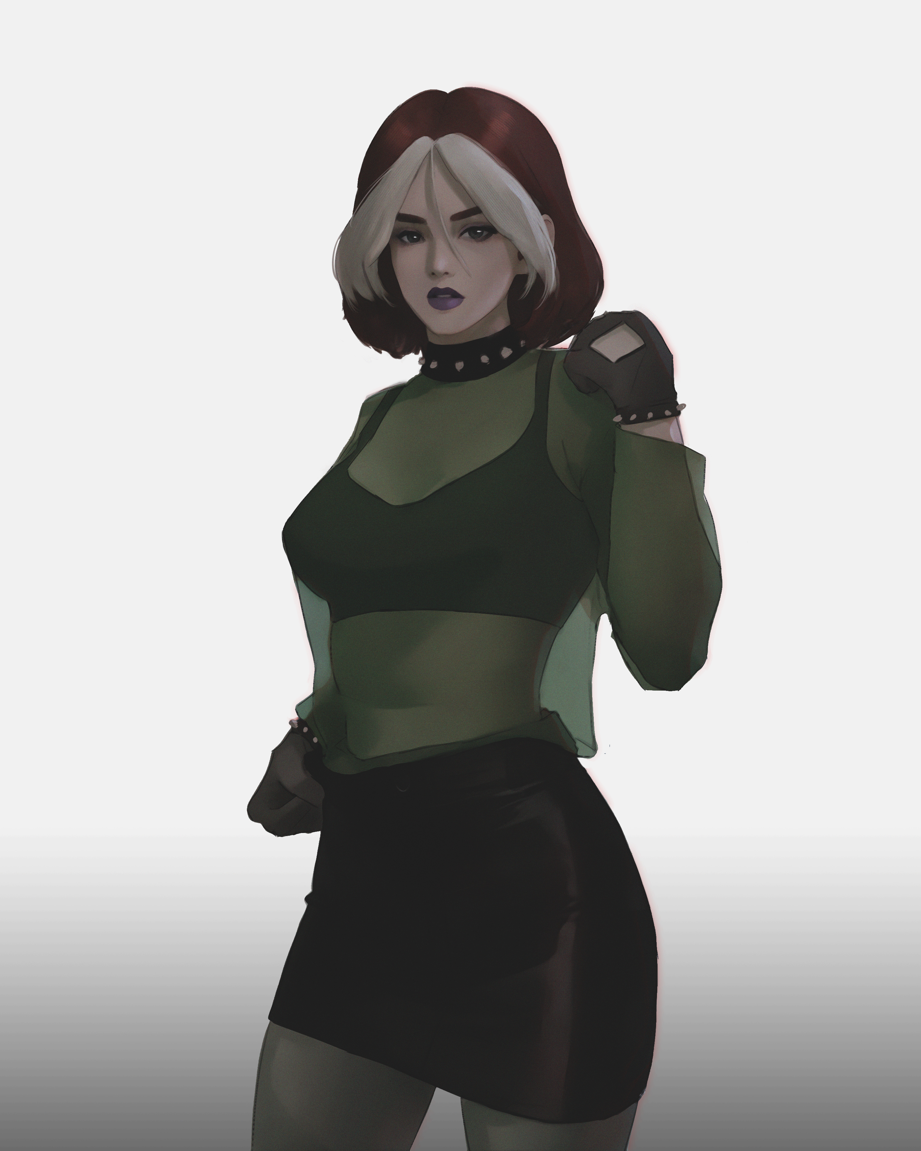 curvy figure, dressed, emo, female, fully clothed, gloves, goth, goth girl, lipstick, marvel, marvel comics, meemo.psd, patreon, purple lipstick, rogue (evolution), rogue (x-men), undress character, undressing, white background, white hair, x-men, x-men evolution