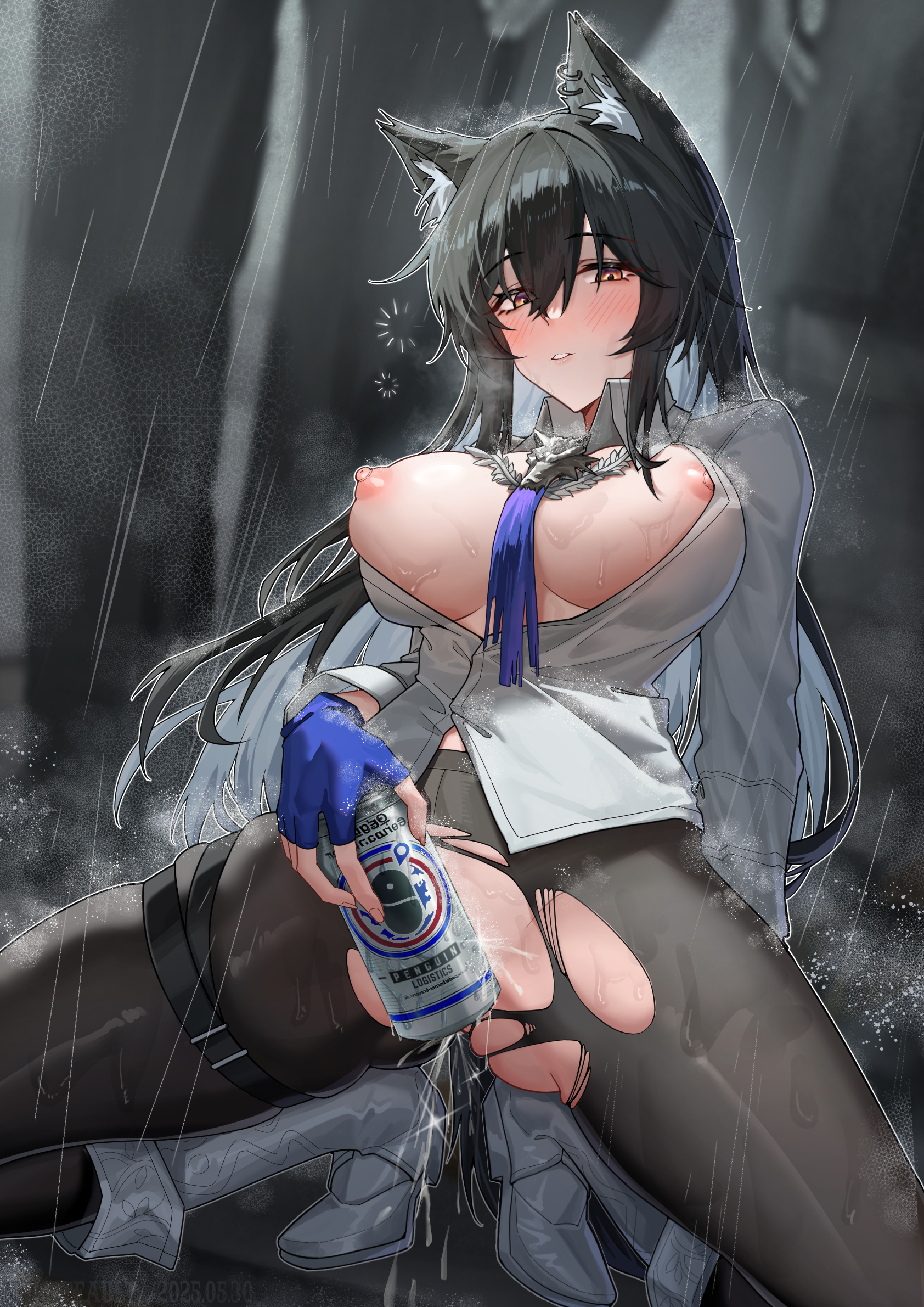 1girls, 2025, animal ears, arknights, big breasts, black hair, blush, breasts, breasts out, covering crotch, female, gloves, hi res, kemonomimi, knightfault, light skin, light-skinned female, long hair, looking at viewer, no bra, outdoors, pantyhose, rain, raining, shirt, smile, solo, squatting, texas (arknights), tie, torn pantyhose, wolf ears, wolf girl