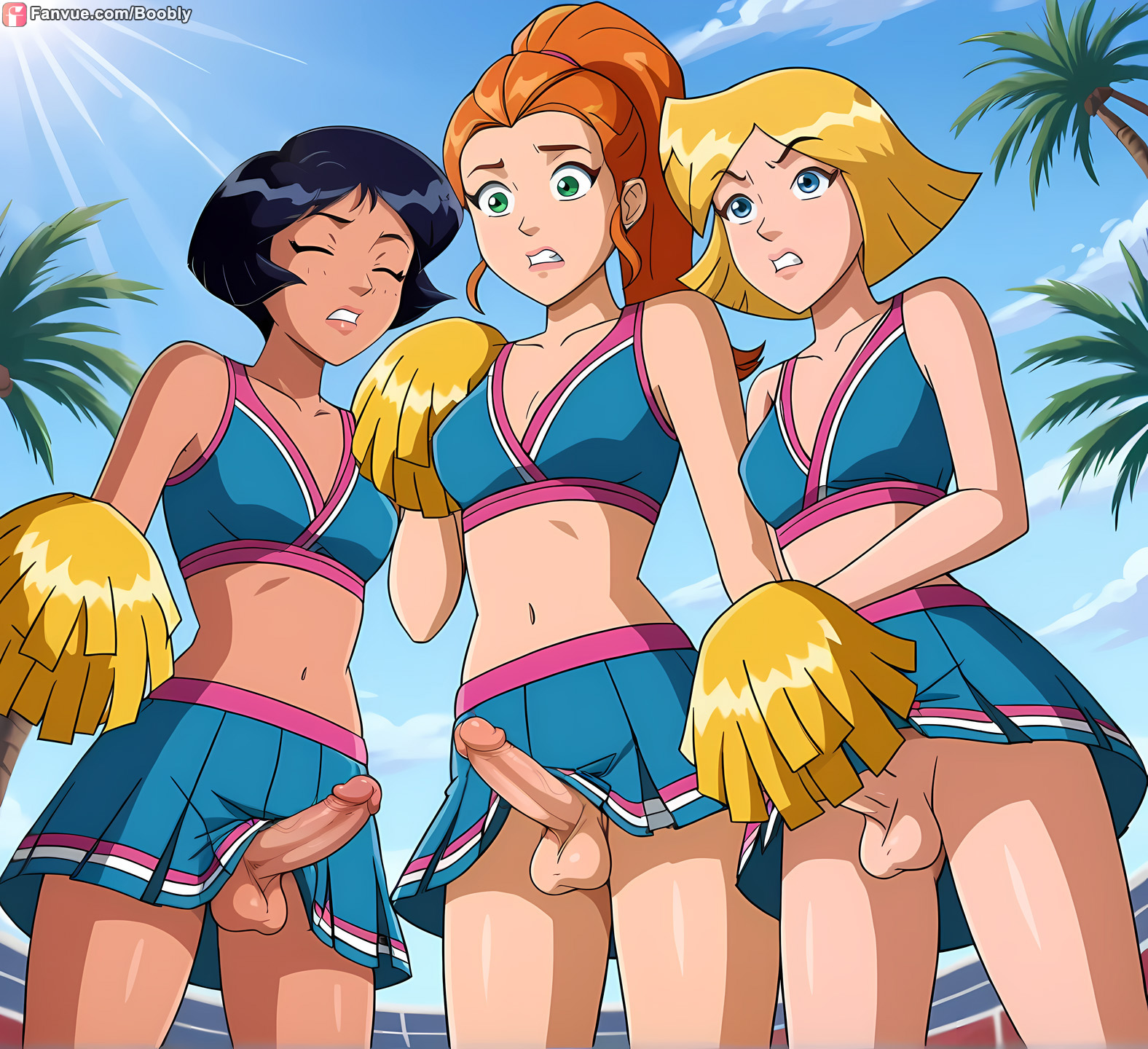3futas, ai generated, alex (totally spies), blonde hair, blue eyes, boobly, breasts, brown eyes, brown hair, cheerleader, cheerleader uniform, clover (totally spies), from below, futa on futa, futa with futa, futanari, green eyes, intersex, medium breasts, orange hair, outdoors, pom poms, public nudity, sam (totally spies), skirt, totally spies, upskirt