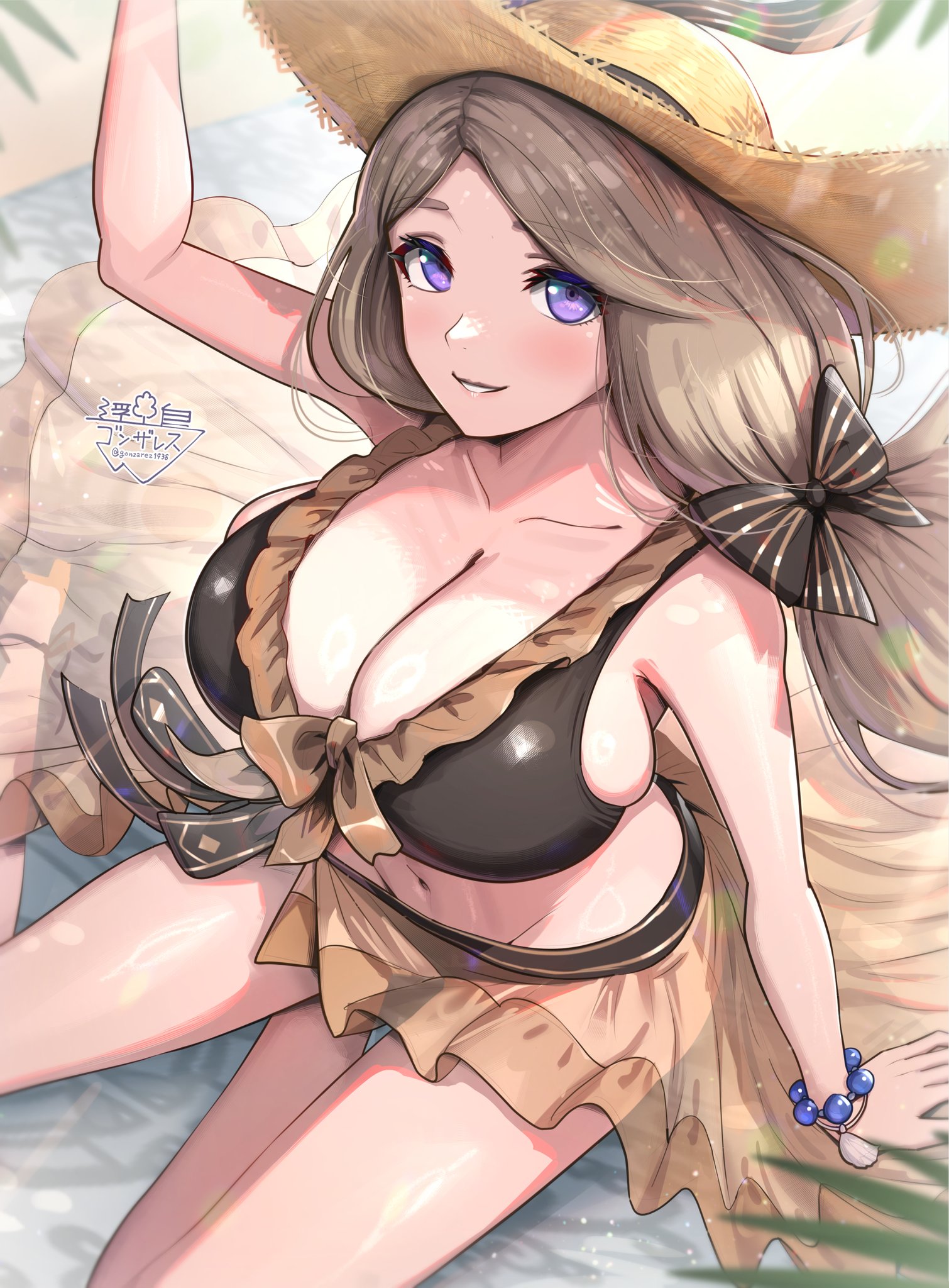 1girls, absurd res, absurdres, alternate costume, artist name, bare arms, bare shoulders, bikini, blonde hair, blush, bow, bracelet, breasts, brown sarong, bursting breasts, cleavage, female, female only, fire emblem, fire emblem heroes, fire emblem: three houses, frilled bikini, frills, gonzarez, gonzarez1938, grin, hairbow, hat, headwear, large breasts, light skin, light-skinned female, long hair, looking at viewer, mercedes von martritz, mercedes von martritz (summer), midriff, motherly, navel, nintendo, off shoulder, official alternate costume, purple eyes, sarong, see-through clothing, sideboob, sitting, skindentation, skirt, solo, stomach, straw hat, sun hat, swimsuit, thighs, yellow sarong, yokozuwari