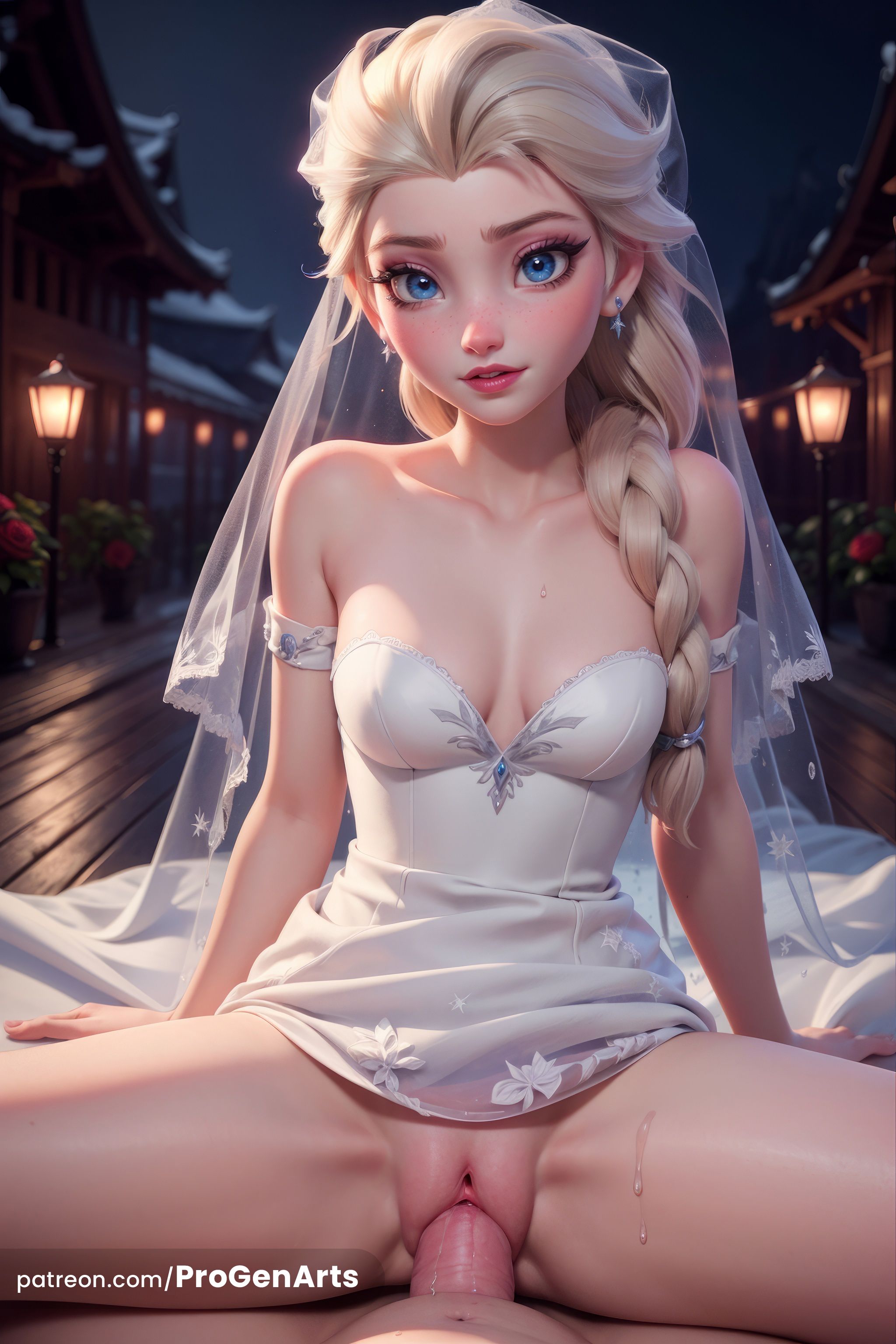 1boy, 1girls, ai generated, arm support, artist name, bare shoulders, blonde hair, blue eyes, braid, breasts, bridal veil, bride, clitoris, clothed sex, clothing, collarbone, cowgirl position, disney, disney princess, dress, earrings, elsa (frozen), female, female on top, freckles, frozen (film), frozen 2, hair over shoulder, hi res, jewelry, lips, long hair, looking at viewer, male, medium breasts, no panties, nose, parted lips, partial male, patreon username, penis, pov, pov crotch, progenarts, pussy, sex, single braid, small breasts, solo focus, spread legs, straddling, straight, strapless, strapless dress, sweat, uncensored, vaginal penetration, vaginal sex, veil, web address, wedding dress, white dress