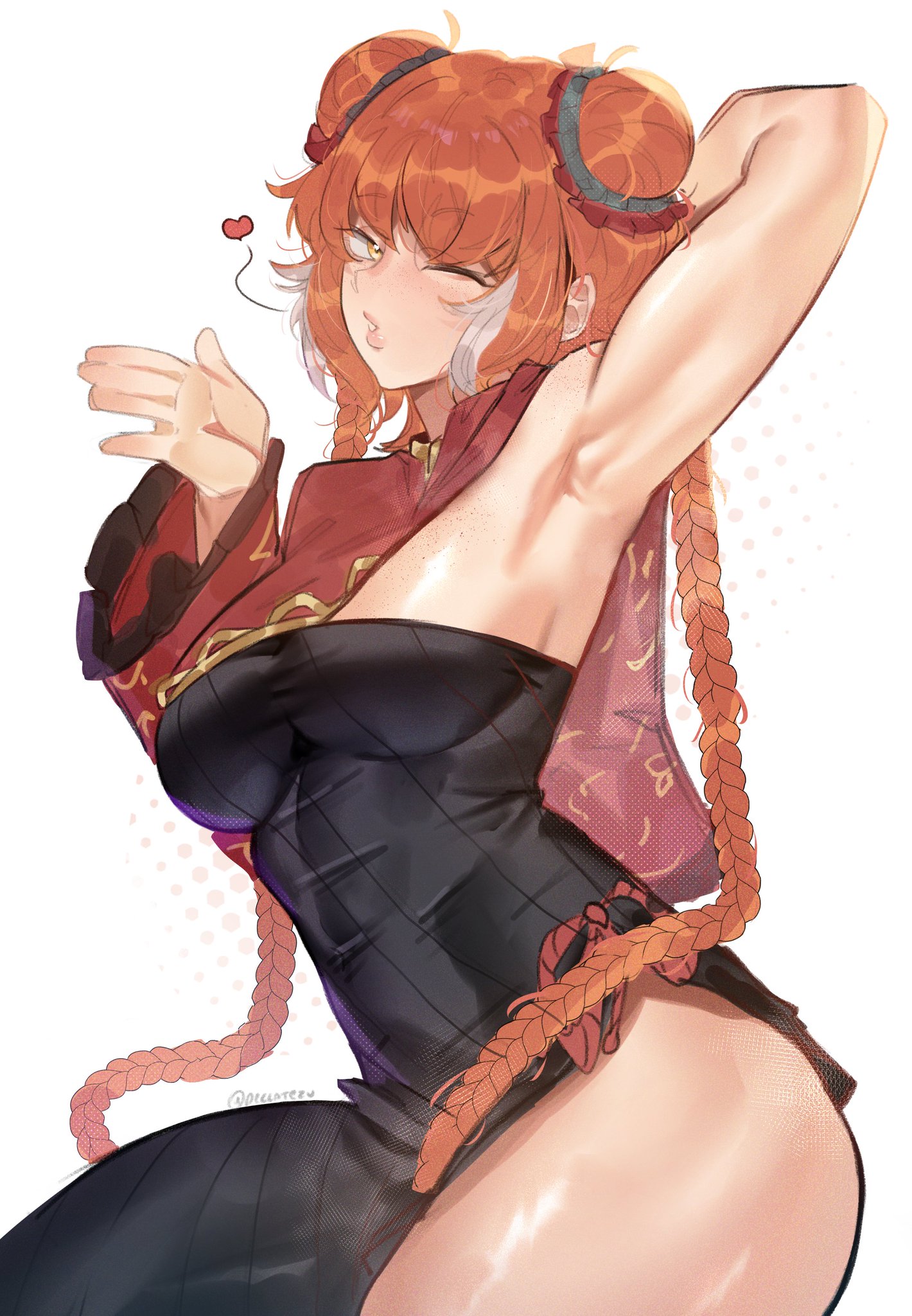 1girls, arm behind head, armpit, armpit fetish, armpits, blowing kiss, braid, braided hair, braids, deccatezu, female, female only, floating heart, glistening, glistening body, hair bun, heart, ishmael (limbus company), jia xichun (limbus company), limbus company, long hair, muscular, muscular female, one eye closed, one sleeve, orange hair, project moon, sleeveless, solo, solo female, solo focus, thighs, thunder thighs, watermark, wink
