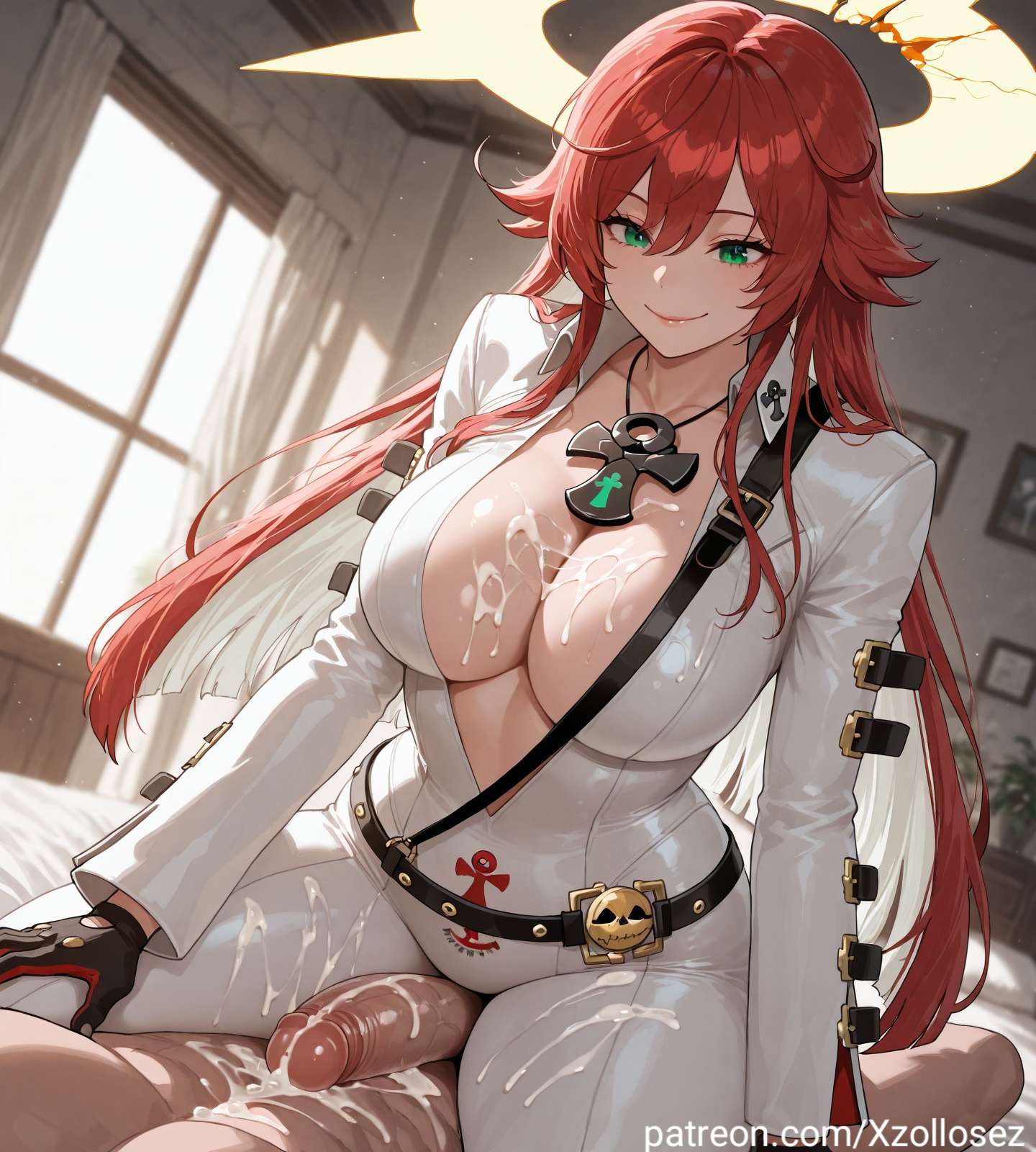 after sex, ai generated, bodysuit, breasts, cleavage, colored inner hair, cum, cum on body, cum on breasts, cum on penis, cum on thighs, female, green eyes, guilty gear, hair between eyes, halo, jack-o' valentine, large breasts, long hair, male, patreon, patreon username, penis, red hair, thigh sex, white hair, xzollosez