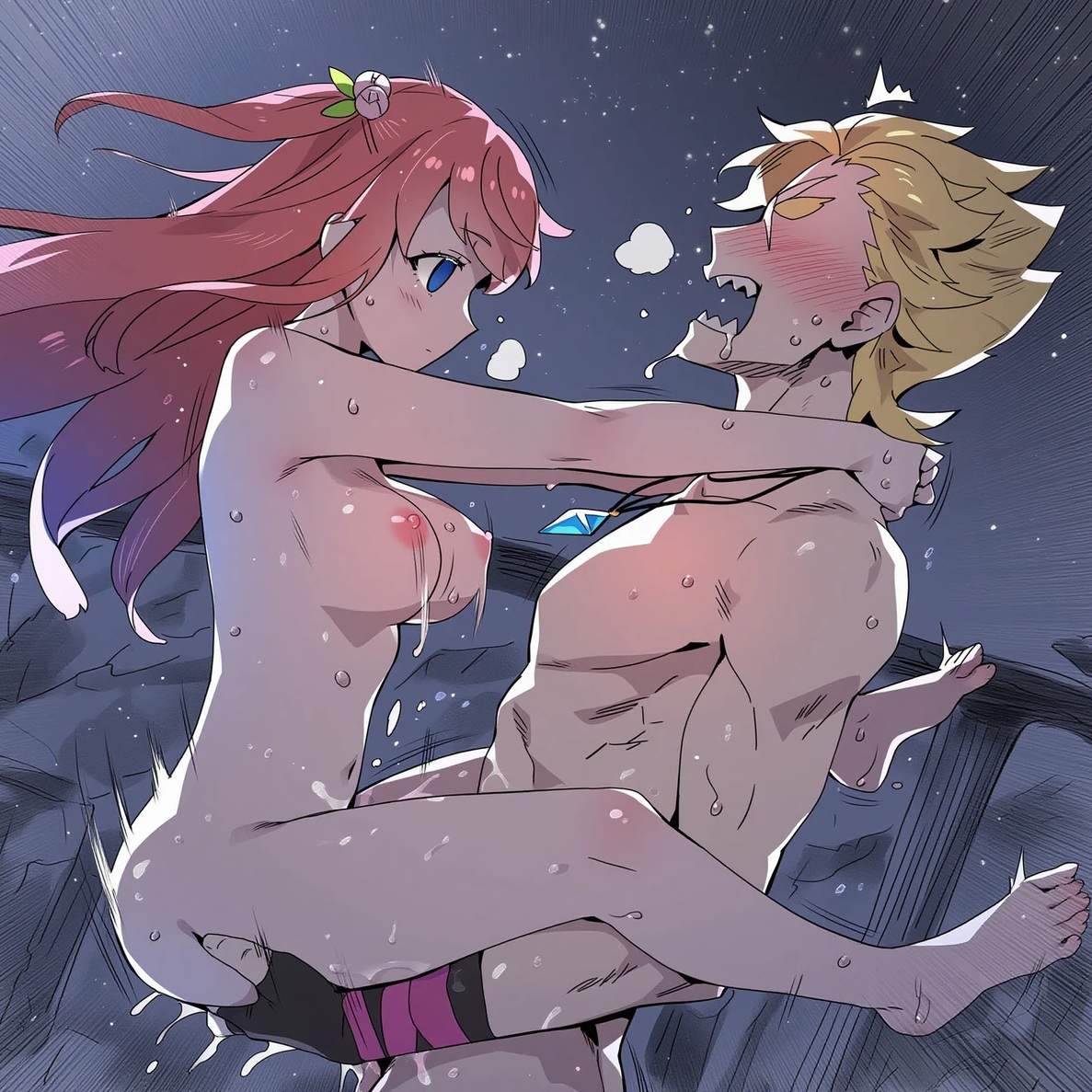1boy, 1girls, ai generated, blonde hair, blush, bouncing breasts, breasts, breathing, carrying partner, darklust, drooling, female, garfiel tinsel, hands behind neck, long hair, male, muscular, muscular male, nude, nude female, nude male, pussy, re:zero kara hajimeru isekai seikatsu, red hair, sharp teeth, sweating, theresia van astrea, vaginal fluids, vaginal penetration, vaginal sex