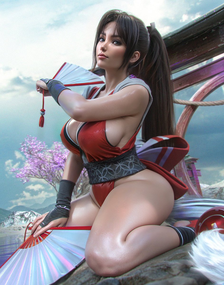 1girls, 3d, 3d (artwork), breasts, brown eyes, brown hair, curvy, curvy female, curvy figure, fan, fatal fury, female, female focus, female only, fingerless gloves, gloves, holding fan, king of fighters, kneeling, kunoichi, large breasts, leotard, light skin, light-skinned female, long hair, looking at viewer, mai shiranui, makeup, on knees, outdoors, paper fan, pinup, ponytail, red clothing, red leotard, revealing clothes, sevenbees, snk, solo, solo female, tagme, thick thighs