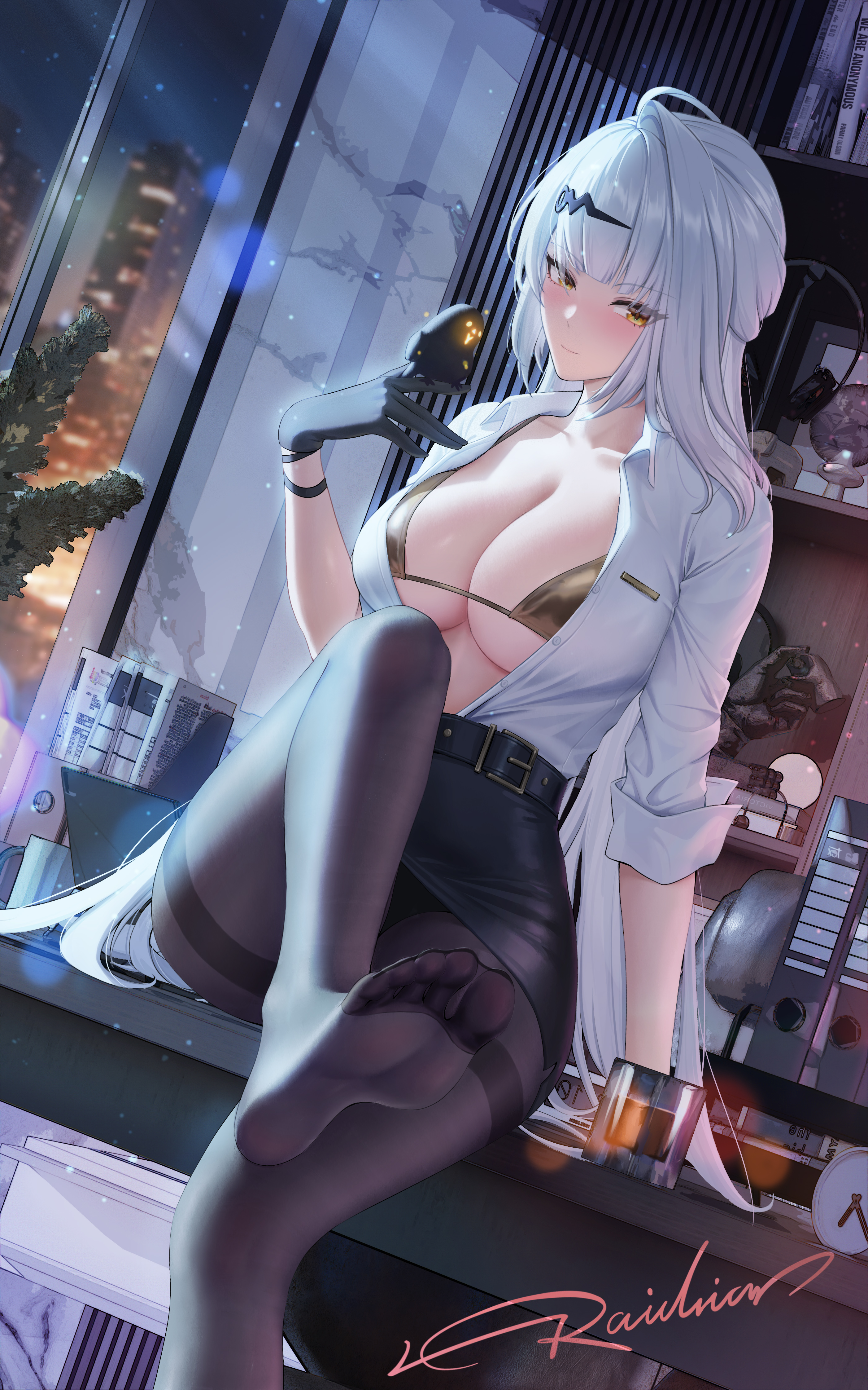 background, belt, big breasts, bikini top, bird, bra, breasts, city background, curtains, decoration, drink, feet, female, gloves, golden eyes, hair ornament, inside, long hair, looking at viewer, moonlight, night, office lady, pantyhose, partially clothed, pencil skirt, raidriar 18, room, room background, thick thighs, unbuttoned, yixuan (zenless zone zero), yunkui summit, zenless zone zero
