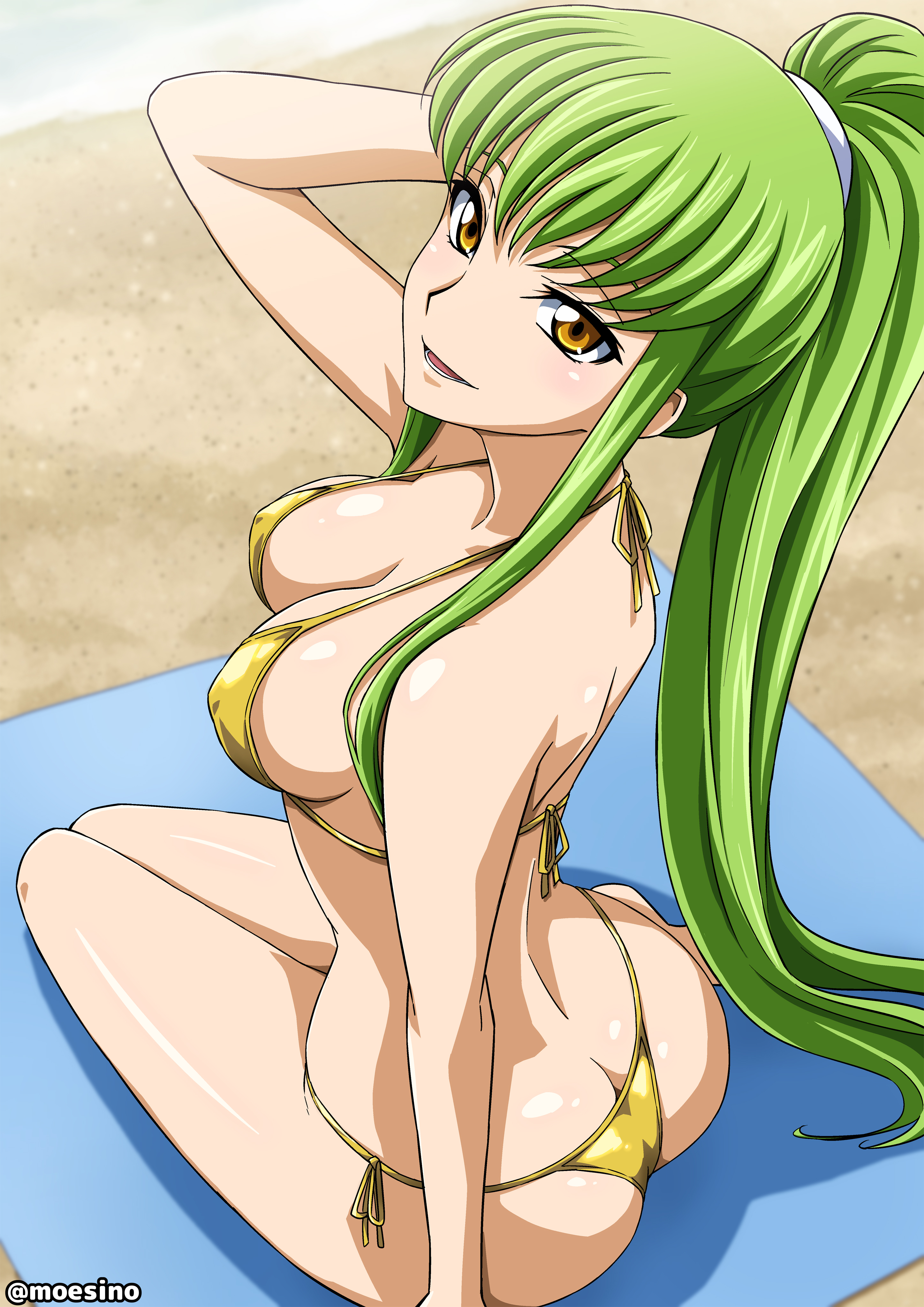 1girls, arm up, ass, ass cleavage, ass crack, beach, beach towel, big breasts, blush, breasts, butt crack, c.c., cleavage, code geass, female, green hair, long hair, moesino, parted lips, ponytail, sand, smile, solo, thighs, water, yellow eyes