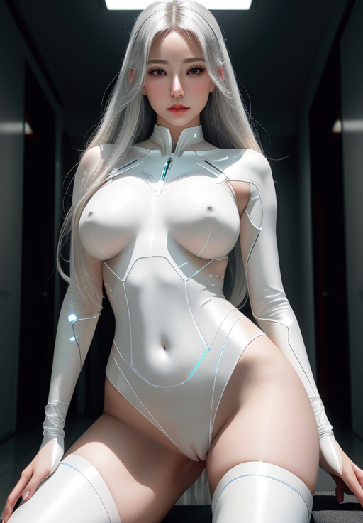 ai_generated android android_girl armwear asian asian_female bodysuit breasts cinematic curvy curvy_body curvy_female curvy_figure curvy_hips dramatic elf_ears flat_hair hallway human lamp long_hair looking_at_viewer looking_down luminous medium_breasts neckwear original original_character pale-skinned_female pale_body pale_skin pussy pussy_lips ribs seductive seductive_body seductive_look seductive_pose soft_lighting soft_smile solo solo_female solo_focus space space_suite spacecraft spaceship standing thighhighs thighs walking walking_towards_viewer white_hair white_legwear white_suit