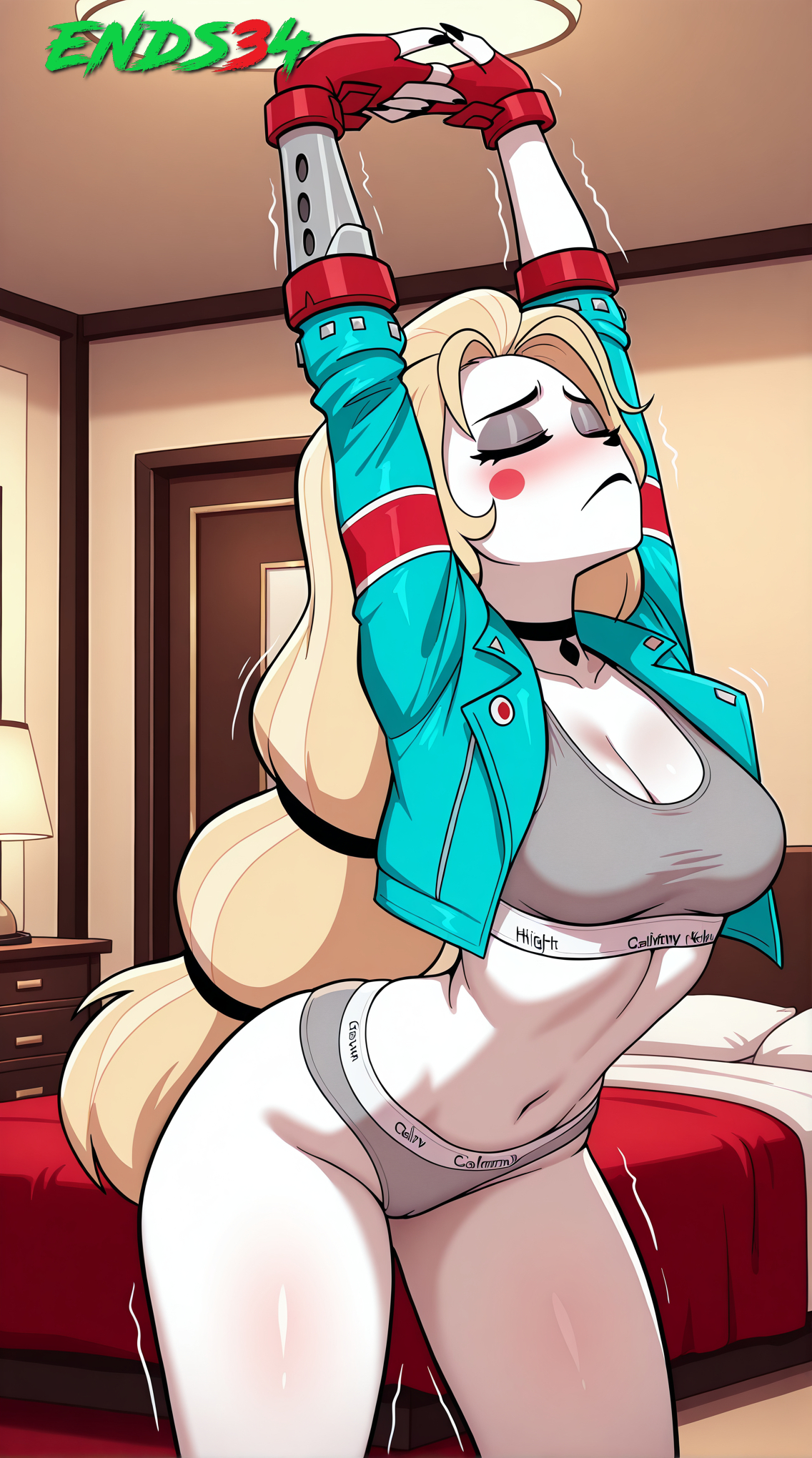 2025, ai generated, blonde hair, blush, cammy stretch, cammy white (cosplay), charlie morningstar (hazbin hotel), choker, closed eyes, cosplay, ends34, female, female only, grey bra, hazbin hotel, long hair, navel, sports bra, street fighter, stretching