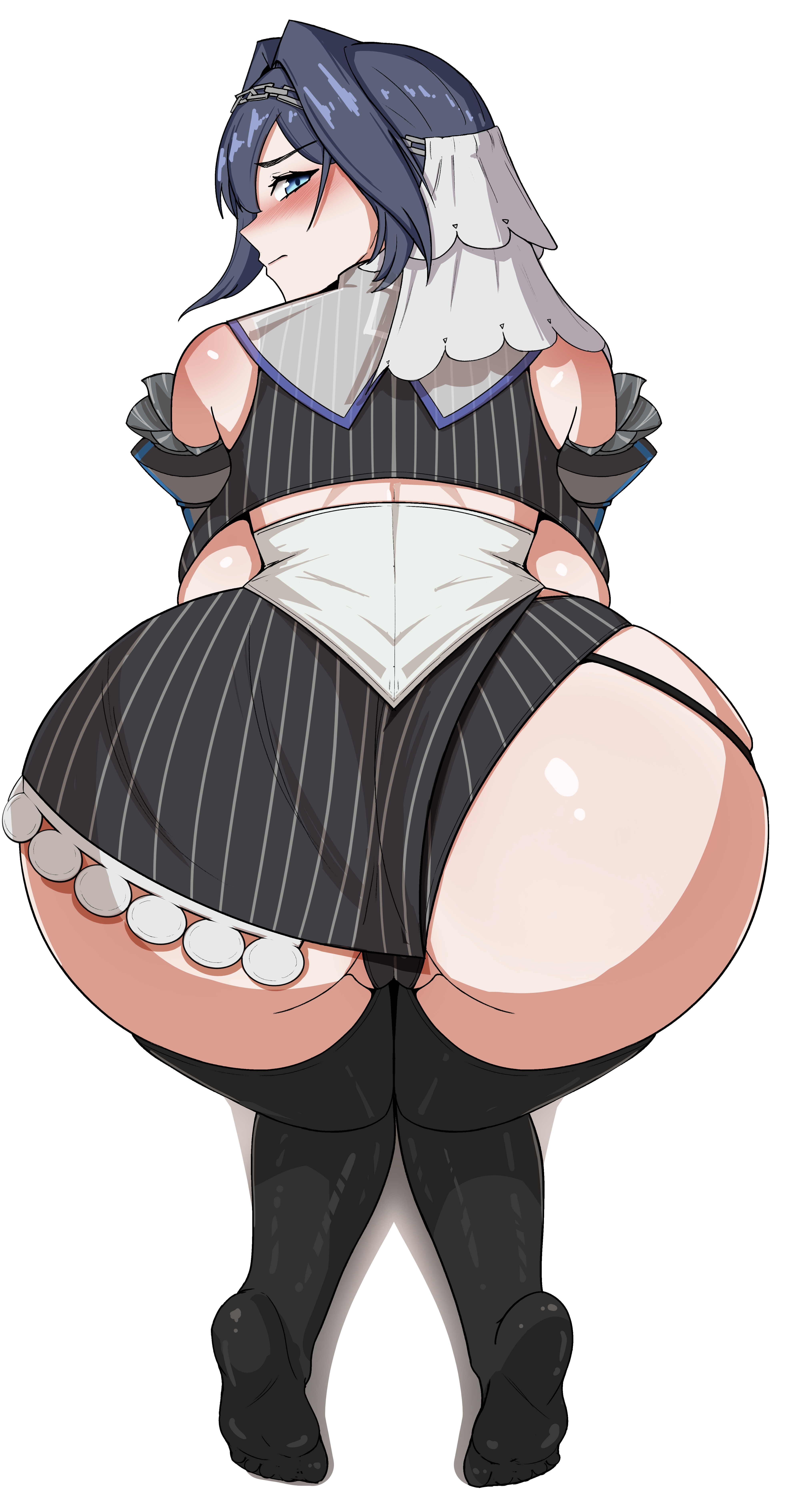 1girls, 2025, absurd res, absurdres, ass, ass focus, back view, backboob, bare shoulders, bent over, big ass, blue eyes, blue hair, blush, breasts, corset, dark hair, detached sleeves, embarrassed, feet, female, female only, fraxstars, hair intakes, hi res, high quality, high resolution, highres, hololive, hololive english, hololive english -council-, hololive english -promise-, huge ass, large ass, large breasts, looking at viewer, massive ass, medium hair, miniskirt, ouro kronii, panties, simple background, solo, tagme, thick thighs, thighhighs, thighs, virtual youtuber, white background