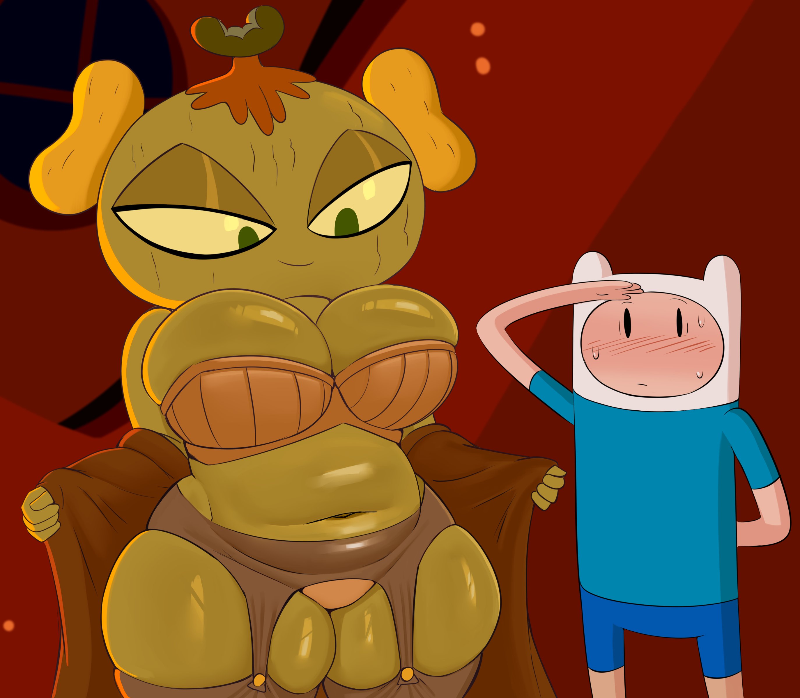 1boy, 1girls, adventure time, age difference, bbw, blush, blushing, breasts, clothing, duchess of nuts, female, finn the human, large breasts, male, milf, plump, showing off, spakka5, undressing