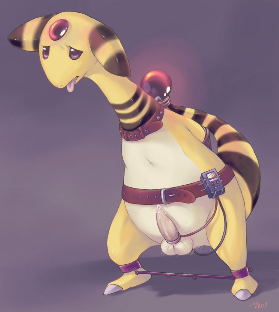 1boy 2007 ampharos arms_behind_back arms_tied belt bondage electricity glowing male male_only nintendo penis pokemon pokemon_(species) precum purplekecleon solo source_request standing tail tongue_out