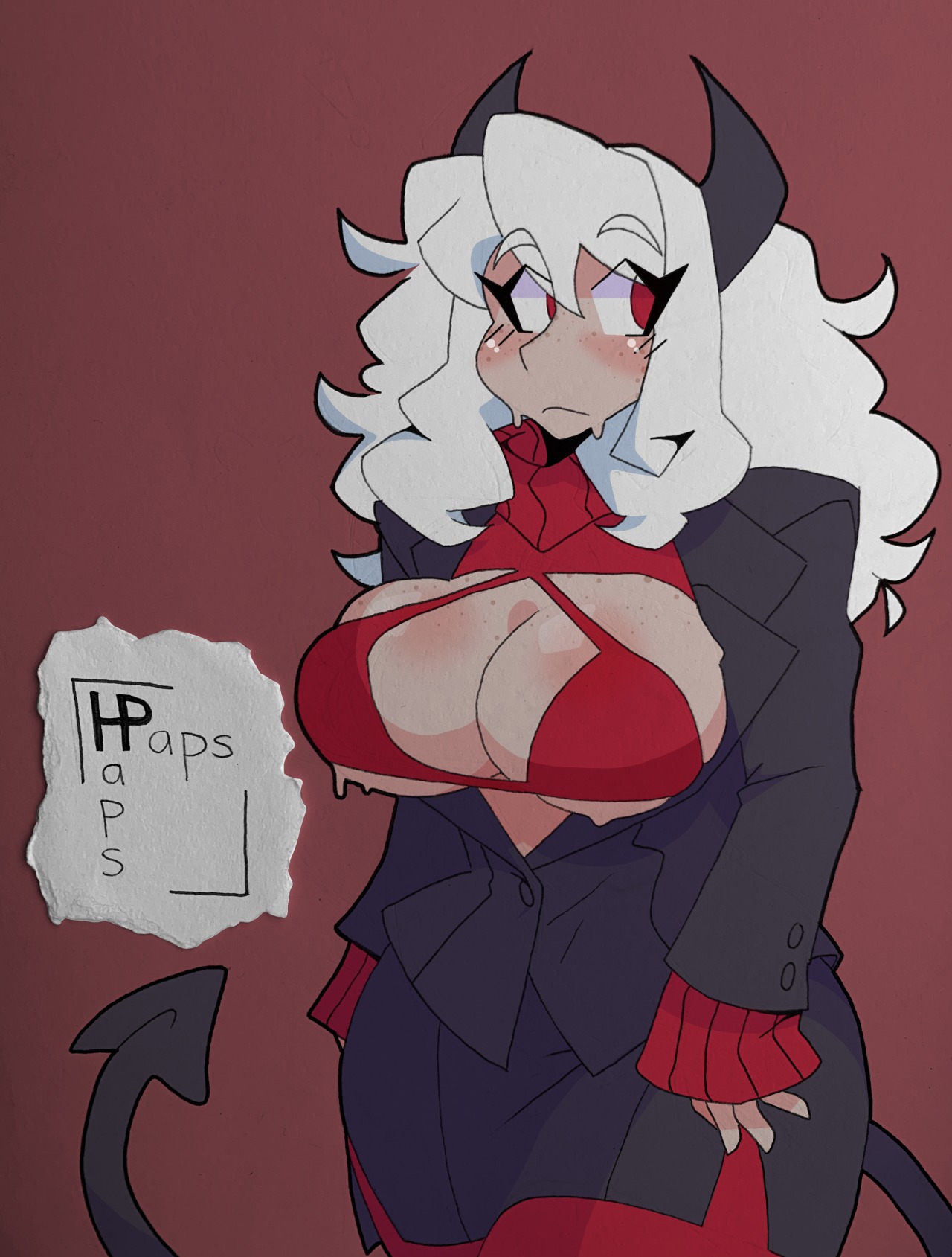 artist name, big breasts, breasts, clothed female, demon, demon girl, demon tail, female, hapspaps, helltaker, horns, modeus (helltaker), suit, tagme