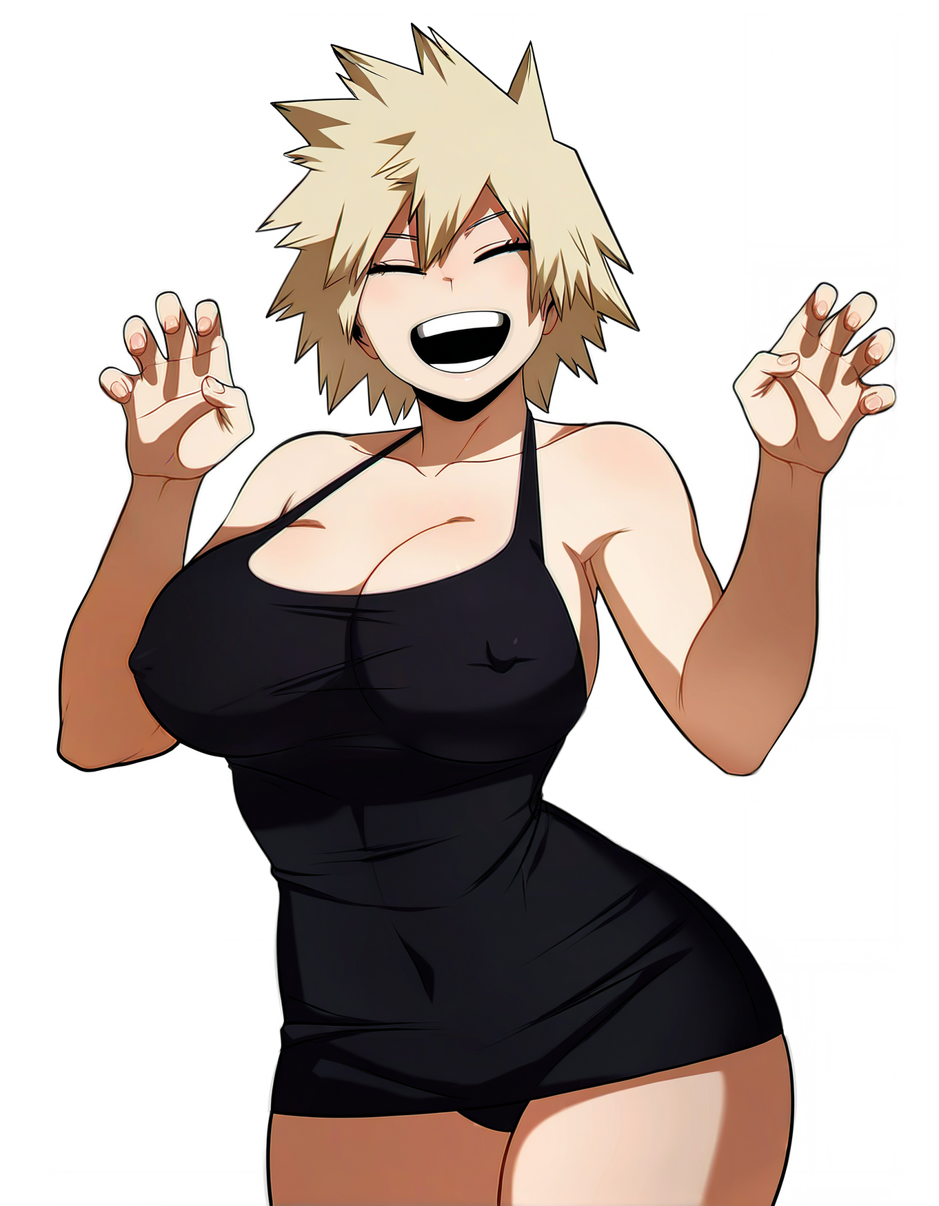 :d, 1girls, ai generated, bare arms, bare thighs, black dress, blonde hair, breasts, closed eyes, cocktail dress, covered navel, covered nipples, dress lift, female, large breasts, mature female, mitsuki bakugou, my hero academia, nipple bulge, open mouth, panties peek, paw pose, short hair, sleeveless, solo, tight clothing, tight dress, wardrobe malfunction, zorkpics