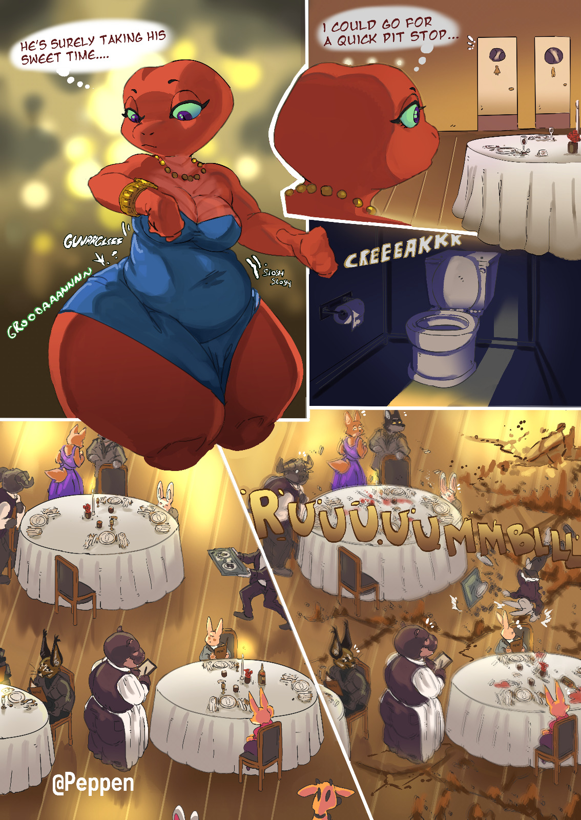 anthro, anthro only, bloated belly, bloated stomach, bloated tummy, blue dress, bottom heavy, bottom heavy female, breasts, checking time, cleavage, comic, comic panel, comission, cracked ground, destruction, destruction of property, destructive scat, discord source, earthquake, english, english text, female, green eyes, green-eyed female, hyper, hyper feces, hyper scat, hyperscat, jpg, multiple panels, offscreen character, part 1, part of a set, peppen (artist), peppen draws, scalie, scalie female, scalie humanoid, scat, scat fetish, shitting, slosh, sloshing, sloshing belly, small breasts, stomach growling, stomach gurgle, stomach gurgling, text, text bubble, thought bubble, toilet, toilet use, watch