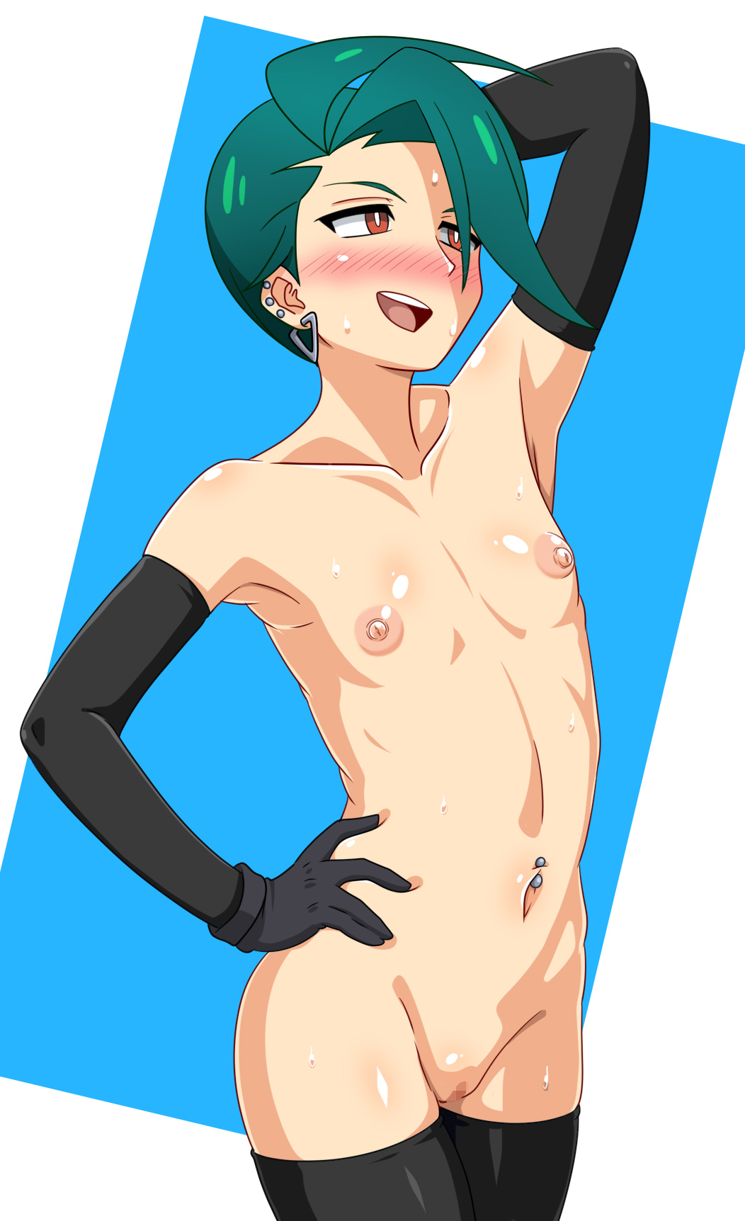 1girls, alternate version available, areolae, armwear, belly, belly button, belly piercing, black gloves, black thighhighs, blush, bottomless, brown eyes, censored, censored pussy, ear piercing, earrings, elbow gloves, female, female only, flat chest, flat chested, game freak, gloves, green hair, hair, hand behind head, hand on hip, hips, kani club, legwear, mosaic censoring, nipples, piercing, piercings, pokemon, pokemon sv, pussy, rika (pokemon), simple background, smile, solo, solo female, sweat, sweatdrop, sweating, sweaty, thighhighs, thighs, tomboy, topless, true flat chest