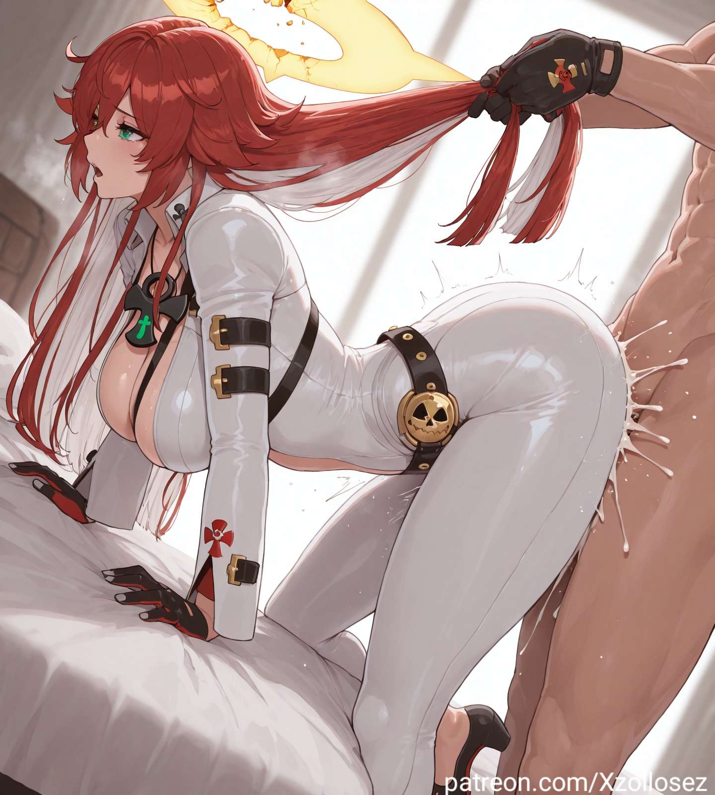 ai generated, bodysuit, breasts, cleavage, colored inner hair, cum, cum in pussy, cum inside, female, green eyes, guilty gear, hair between eyes, hair grab, halo, jack-o' valentine, large breasts, long hair, patreon, patreon username, pussy, red hair, standing, standing doggy style, standing sex, vaginal penetration, white hair, xzollosez