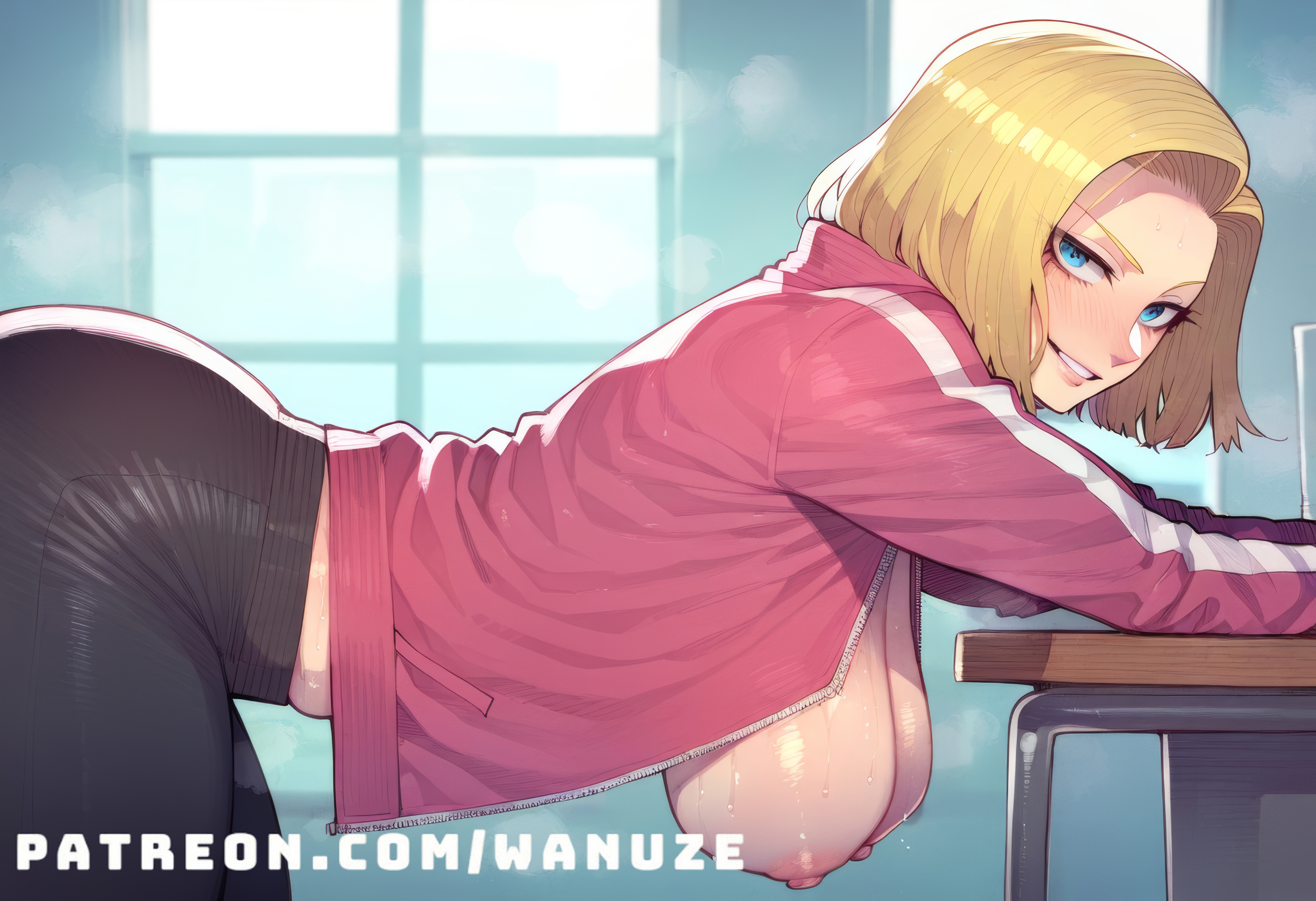 ai generated, android 18, ass, bent over, big ass, big breasts, big butt, big thighs, blonde hair, blue eyes, blush, breasts, breasts out, dragon ball, dragon ball z, female, female only, from, gym, gym uniform, huge ass, huge breasts, huge butt, huge thighs, short hair, side, track jacket, wanuze, wet, wet body, wide hips