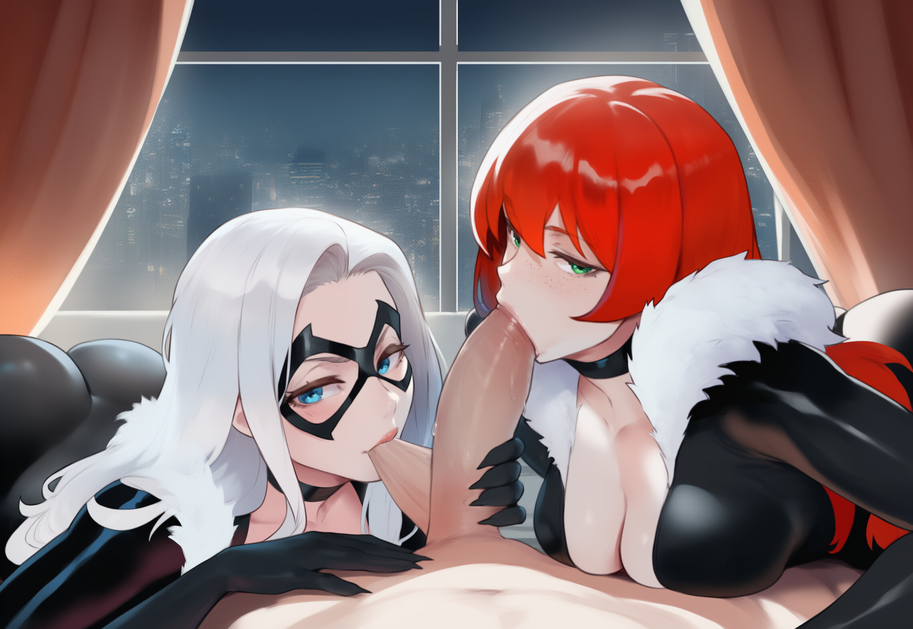 1boy, 2girls, ai generated, balls, balls sucking, bed, black cat (cosplay), black cat (marvel), blue eyes, bodysuit, breasts, canonical scene, cock worship, collaborative fellatio, cosplay, felicia hardy, fellatio, female, freckles, green eyes, handjob, large breasts, large penis, latex, latex clothing, latex suit, looking at viewer, lying, male, marvel, marvel comics, mary jane watson, on back, on bed, oral, penis, platinum blonde hair, pov, red hair, spider-man (series), tight clothing, tittyg-ai, white hair, window