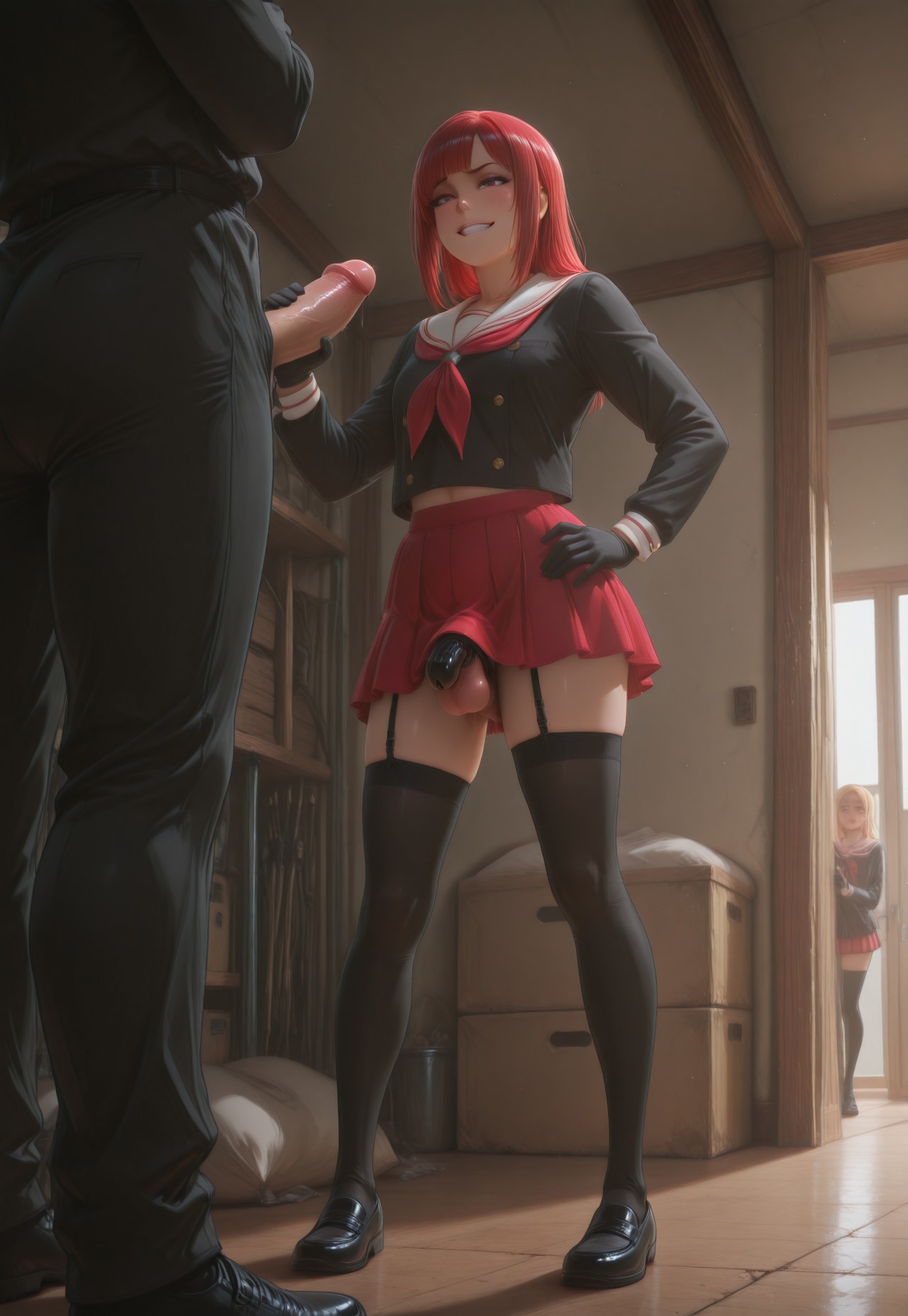 ai generated, androgynous, chastity, chastity cage, chastity device, echodantalian, femboy, femboy focus, femboysub, feminine faced male, feminine male, handjob, holding penis, male, miniskirt, penis, penis cage, red hair, sissy, submissive femboy, trap, uniform