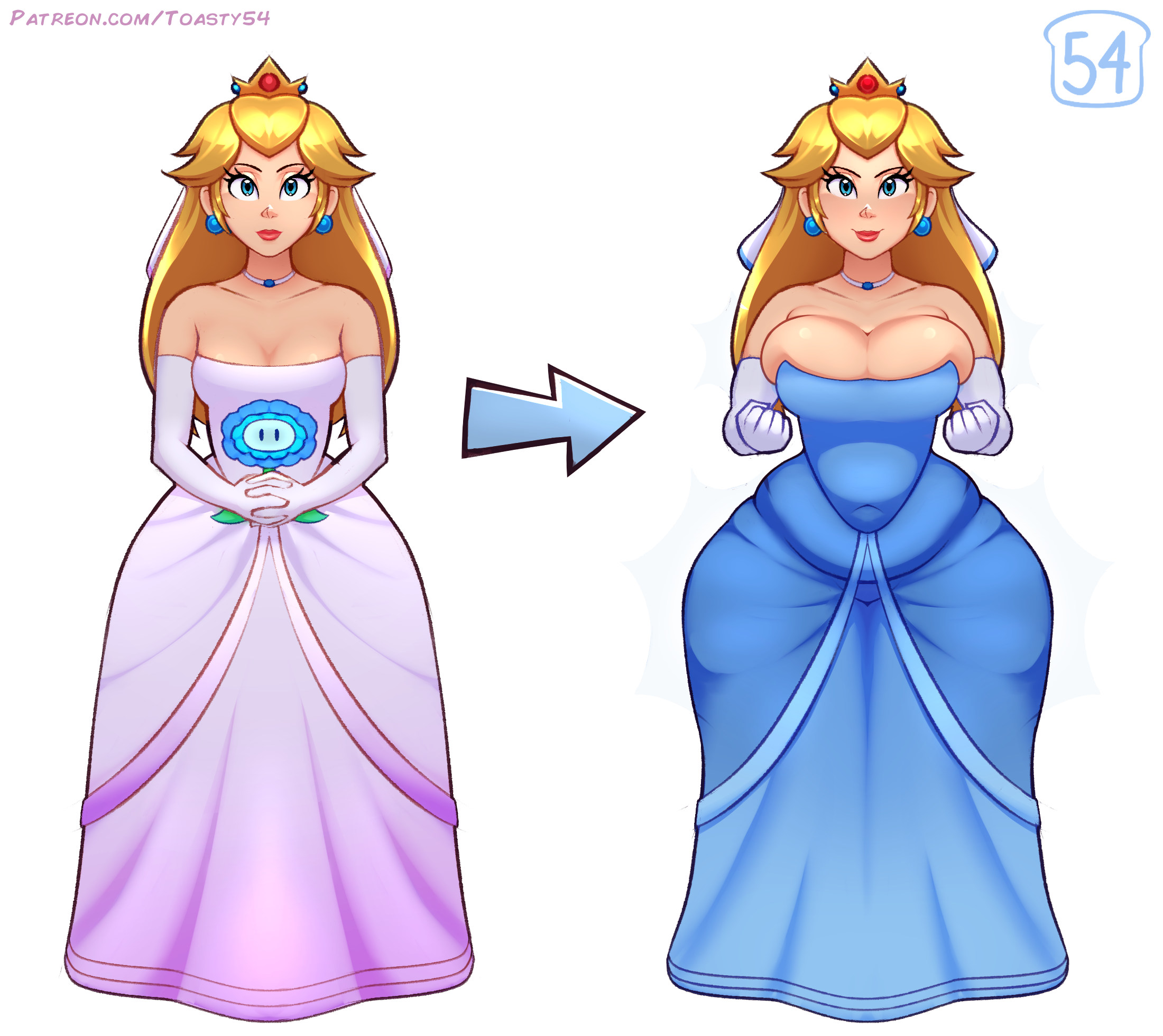 1girls, before and after, breast expansion, breast growth, breast growth (enlargement), breasts, bursting breasts, chubby, chubby female, cleavage, corset, female, female only, hourglass figure, huge breasts, huge hips, illumination entertainment, mario (series), nintendo, overweight, overweight female, princess peach, princess peach (movie), sequence, solo, solo female, standing, super mario bros., super mario bros. (2023 film), tight clothing, toasty54, universal pictures, universal studios, weight gain, weight gain sequence, wide hips