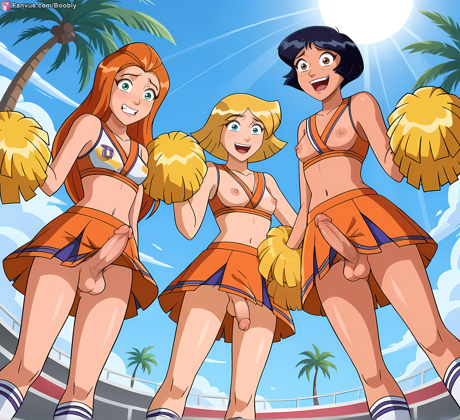 3futas, ai generated, alex (totally spies), blonde hair, blue eyes, boobly, breasts, brown eyes, brown hair, cheerleader, cheerleader uniform, clover (totally spies), from below, futa on futa, futa with futa, futanari, green eyes, intersex, medium breasts, no panties, orange hair, outdoors, pom poms, public, sam (totally spies), socks, totally spies, upskirt
