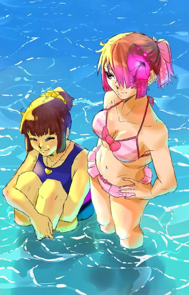 beach, bete noire, betty noire, bikini, bra, brown hair, closed eyes, female, female frisk, frisk, frisk (undertale), glitchtale, ocean, panties, pink bra, pink eyes, pink hair, pink panties, sea, tied hair